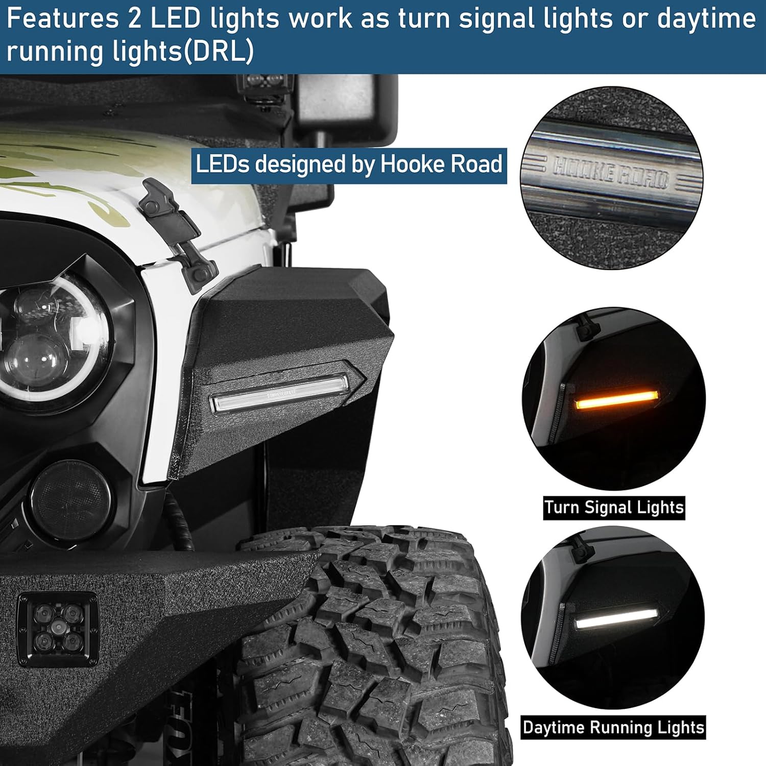 Hooke Road JK 8.7" Wide Front Fender Flares w/Turn Signal Lights DRL Compatible with 2007-2018 Jeep Wrangler JK & JKU 2/4 Door - 2PCS