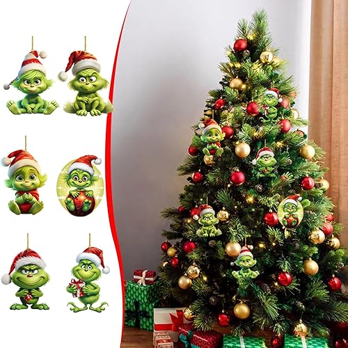 Grinch - Decoraciones para árbol de Navidad, 6 piezas, adornos acrílicos para árbol de Navidad, decoración de árbol de Navidad, suministros de