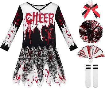 ReliBeauty Zombie Cheerleader Costume for Girls Dead Scary Bloody Halloween Costume with Pom Poms & Accessories