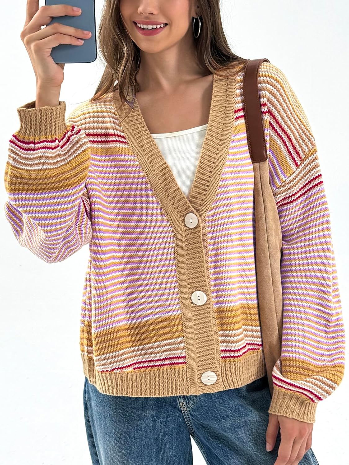 Saodimallsu Womens Striped Cardigan Sweaters Oversized Puff Sleeve Button Up V Neck Color Block Knit Sweater Coat - Image 4