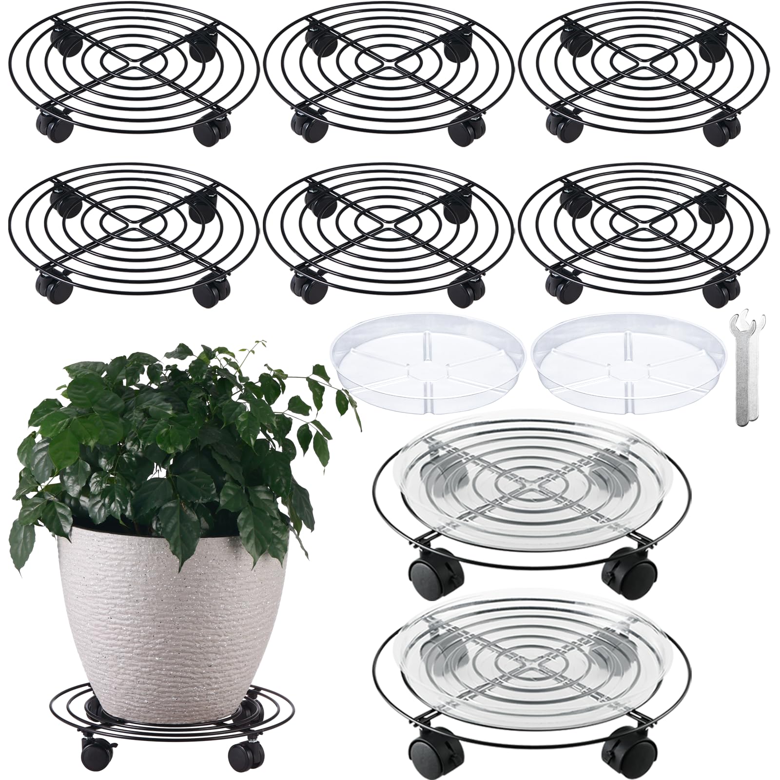 8 Packs 12 Inches Large Metal Plant Caddy with Wheel Rolling Plant Stands Heavy-duty Wrought Iron Plant Roller Base Pot Mover Plant Saucer on Wheels Indoor Outdoor Plant Dolly with Caster Coaster