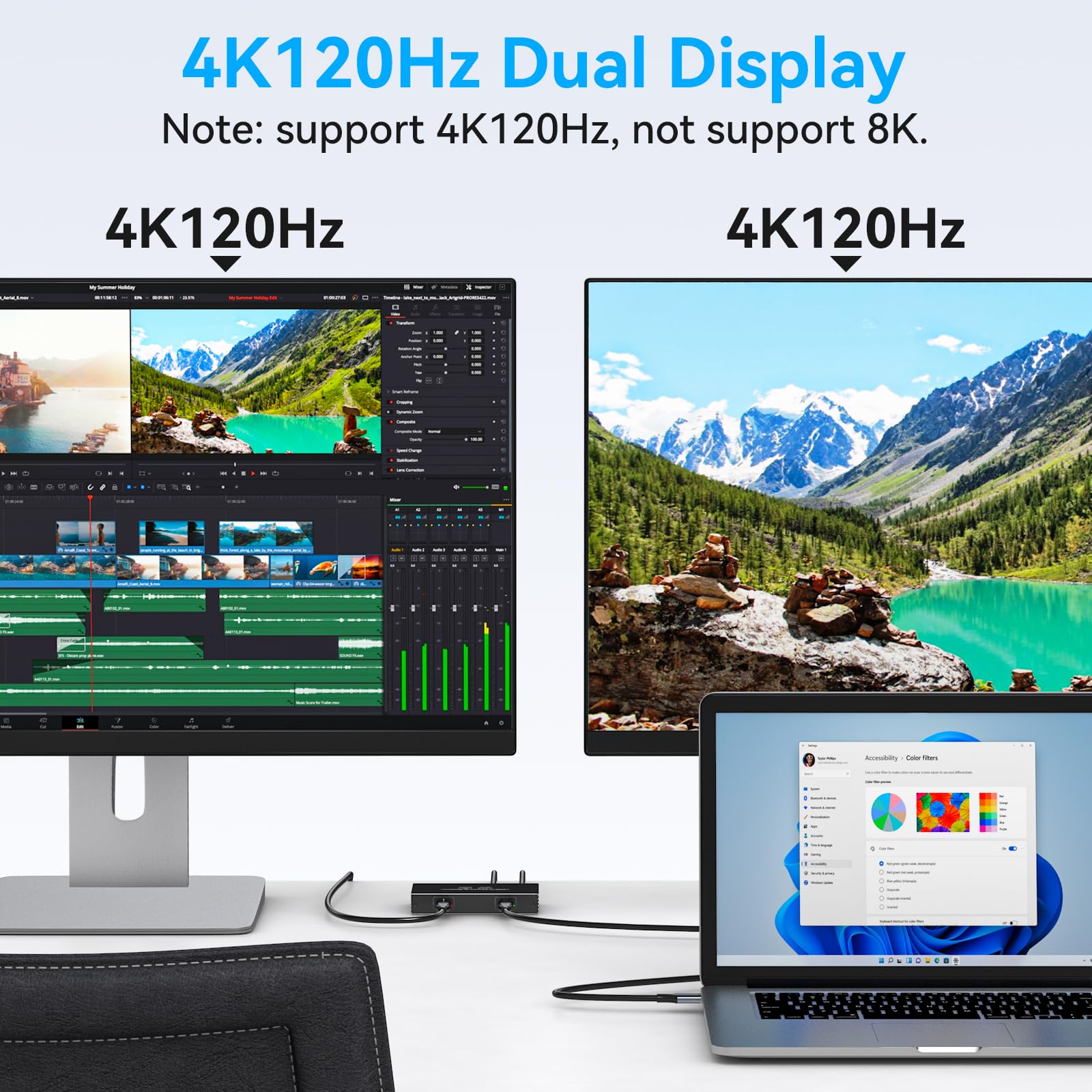 TJCXELE Docking station USB C 4K120Hz 2 monitor Hub USB C 6-in-1 Dual Monitor 100W PD, porte dati 10Gbps, docking station per laptop Plug and Play per laptop Dell/HP/MacBook e altro SP505