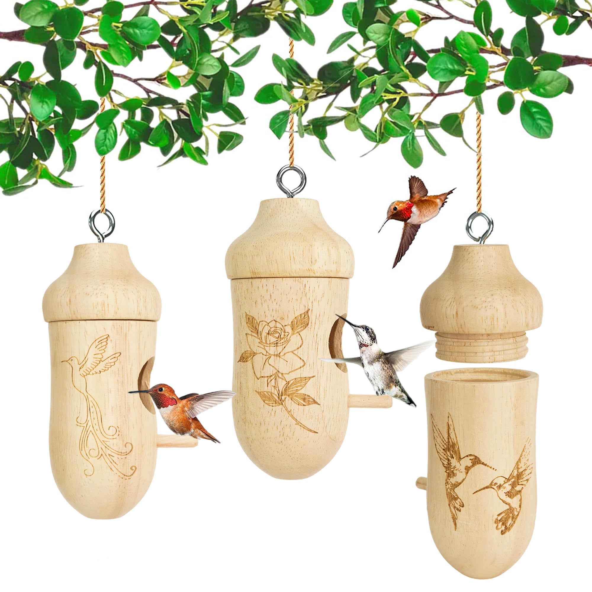 Thread Detachable Hummingbird Houses，Natural Wooden Hummingbird Houses for Outside Hanging，Premium Bird Houses for Garden Window Outdoor Home,3 Packs，