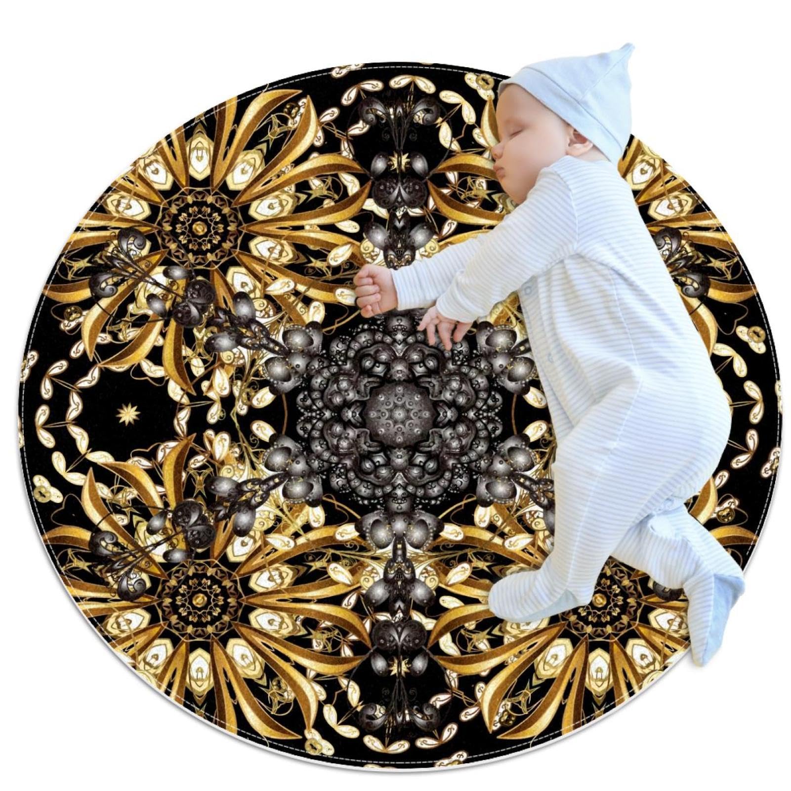 Tapis de salle de bain rond 1m imprimé floral doré baroque camomille pour chambre