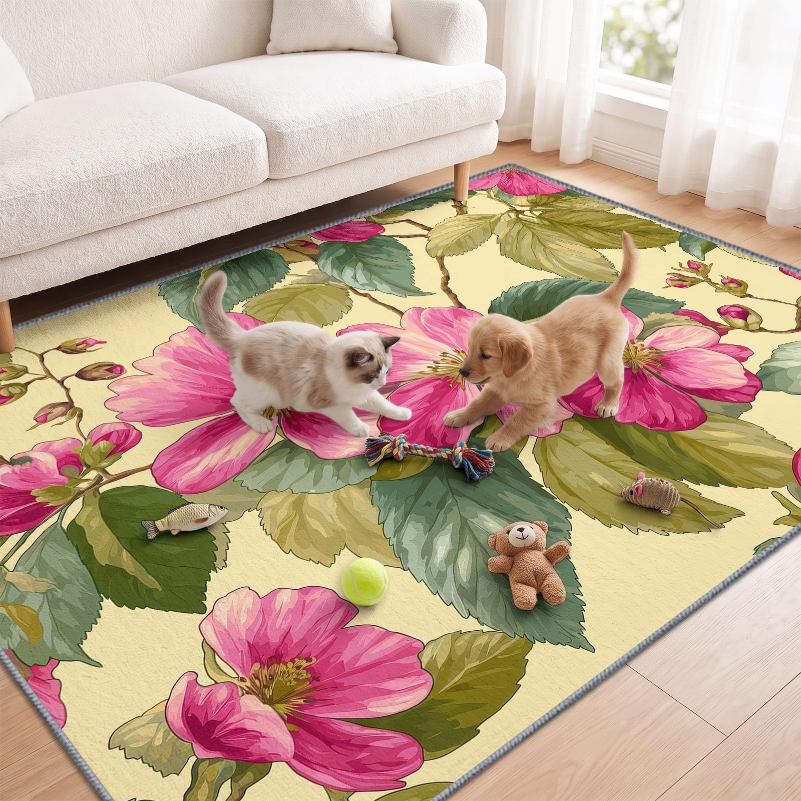 Générique Pastoral Botanique Tapis de Salon Lavable 120 x 170 cm, Imprimé Doux Motifs Floraux Feuilles Vertes Tapis Chambre Poils Courts Décoratif Antidérapant pour Bureau à Domicile