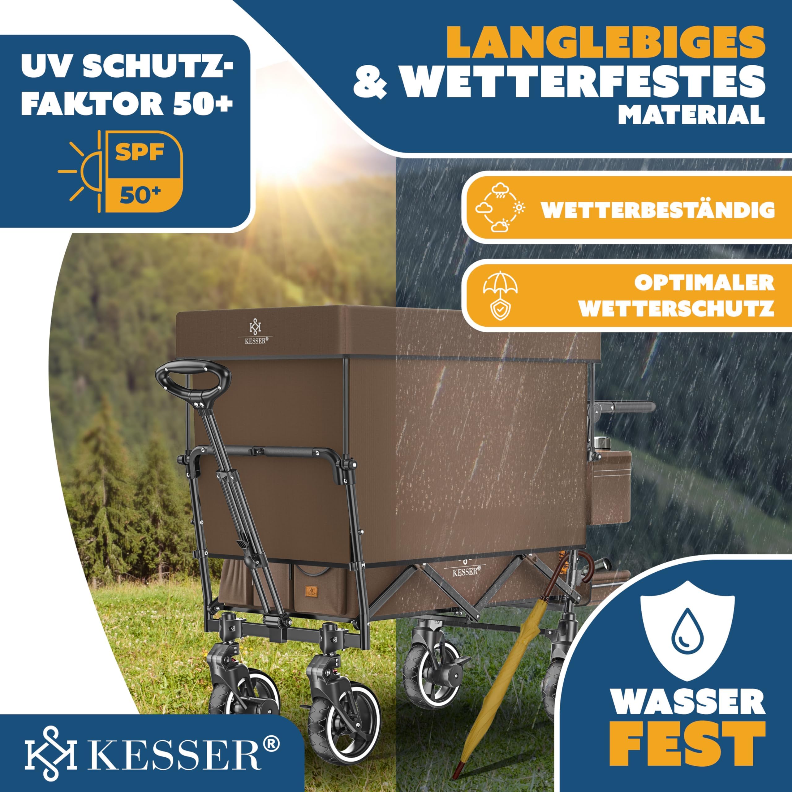 KESSER GTS-9100 - Carrello pieghevole con tetto, portata fino a 150 kg, con ruote in gomma dura e freni di stazionamento anteriore/posteriore, con serratura, copertura, intemperie e protezione da