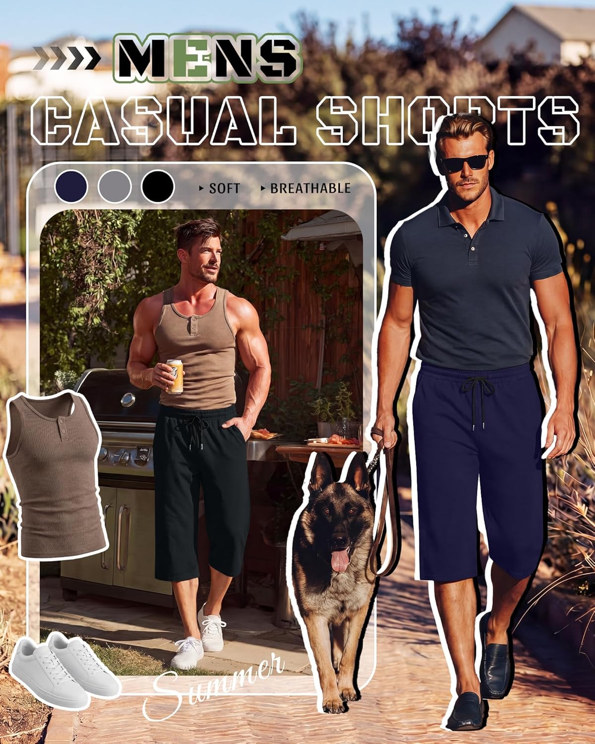 Neer 3 Pack Men's Baggy Capri Pants Plus Size Below Knee Casual 3/4 Shorts Big and Tall Summer Drawstring Pants with Pockets