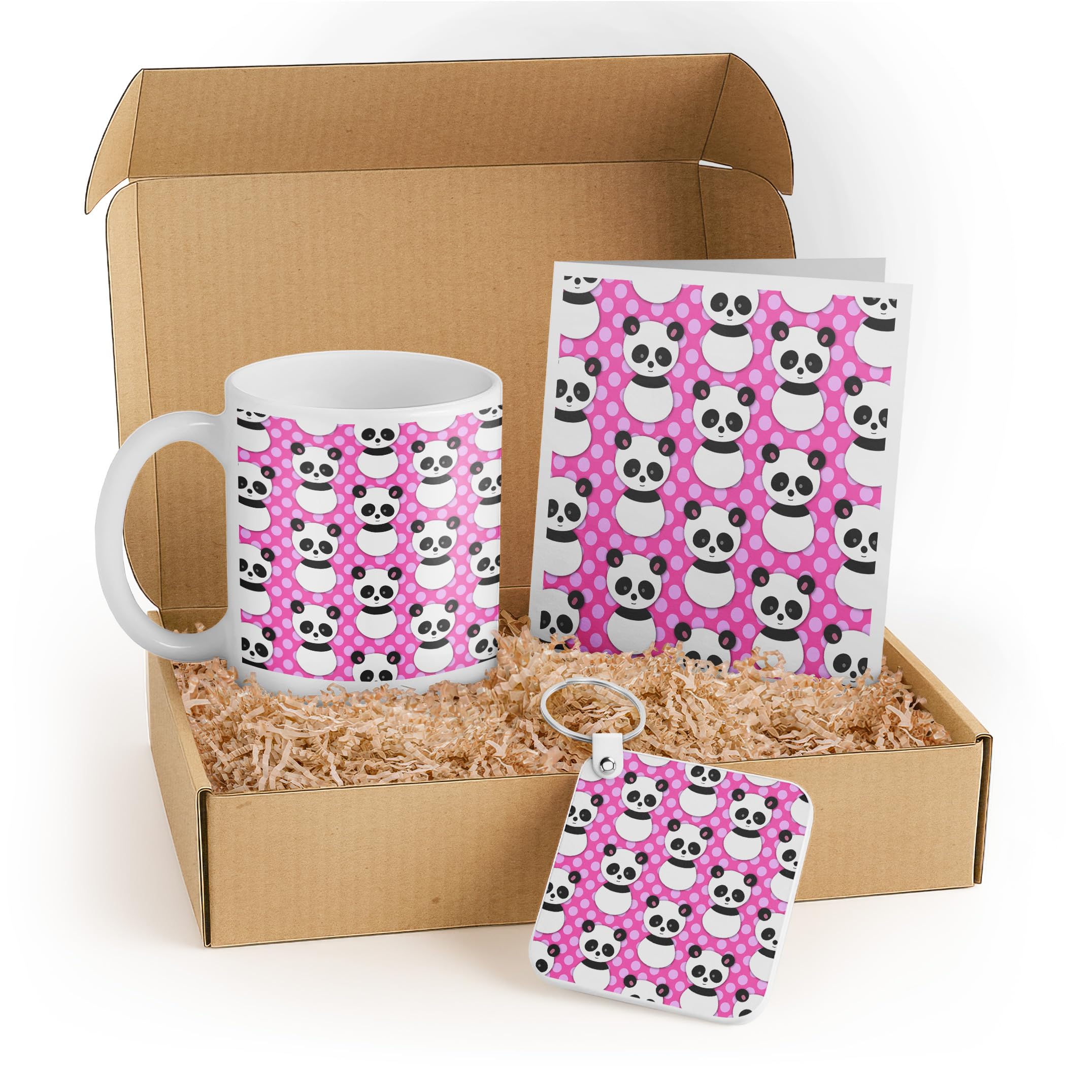 3dRose Cute Panda Bear Gift Set – Mug, Card, and Keychain with Pink Polka Dots – Ideal Birthday Gift for Kids and Animal Lovers