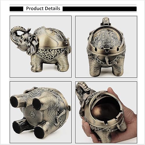 Miniatura 9 de LAUYOO Cenicero de elefante de metal con tapa, cenicero resistente al viento para exteriores, cenicero de interior para hierbas, ceniceros de