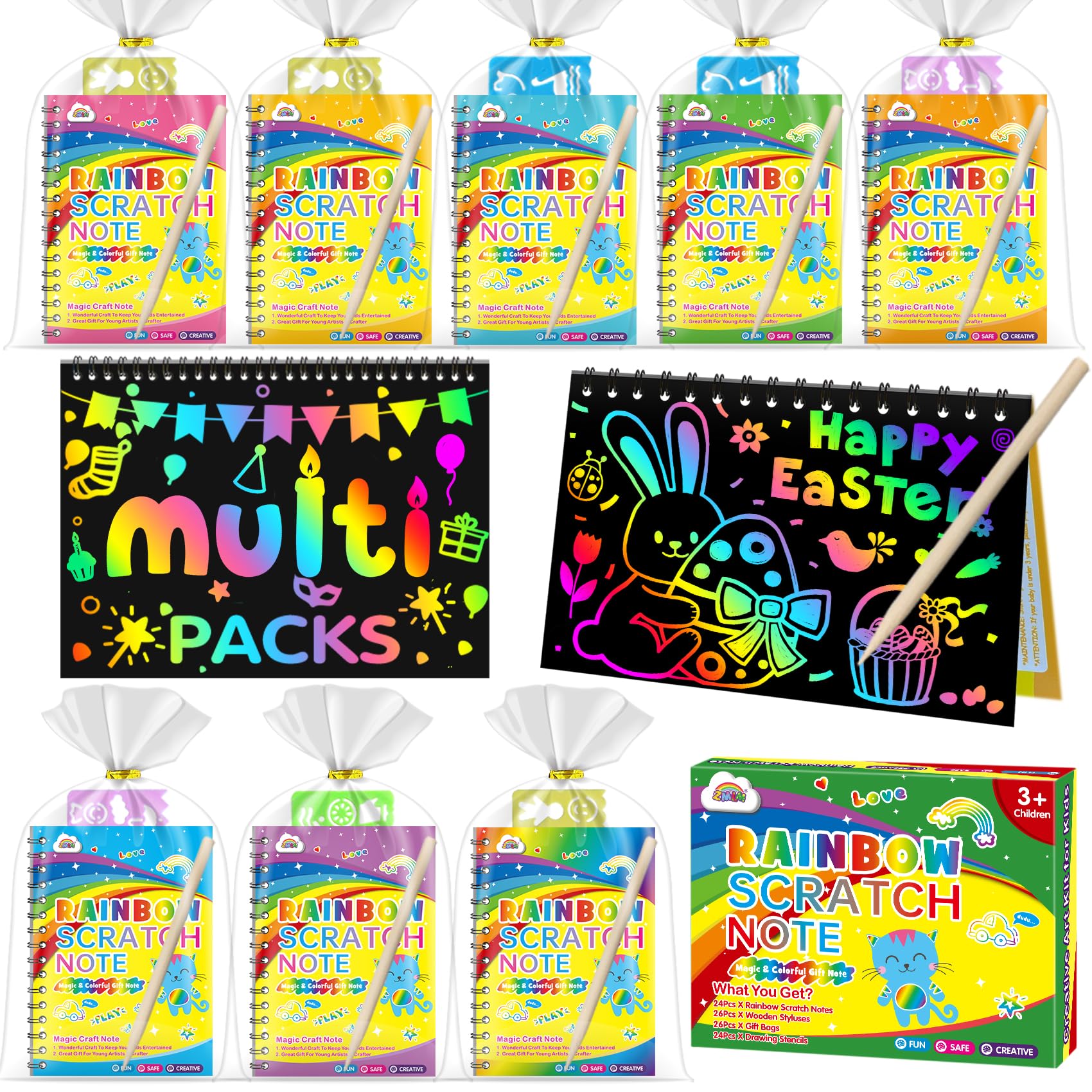 ZMLM 24 Pack Scratch Art Party Favors: Birthday Party Favors for Kids 4-8, Bulk Rainbow Scratch Notebook Paper Pads, Goodie Bags Stuffers Girls Boys Classroom Gifts Crafts Toys Easter Basket Stuffers