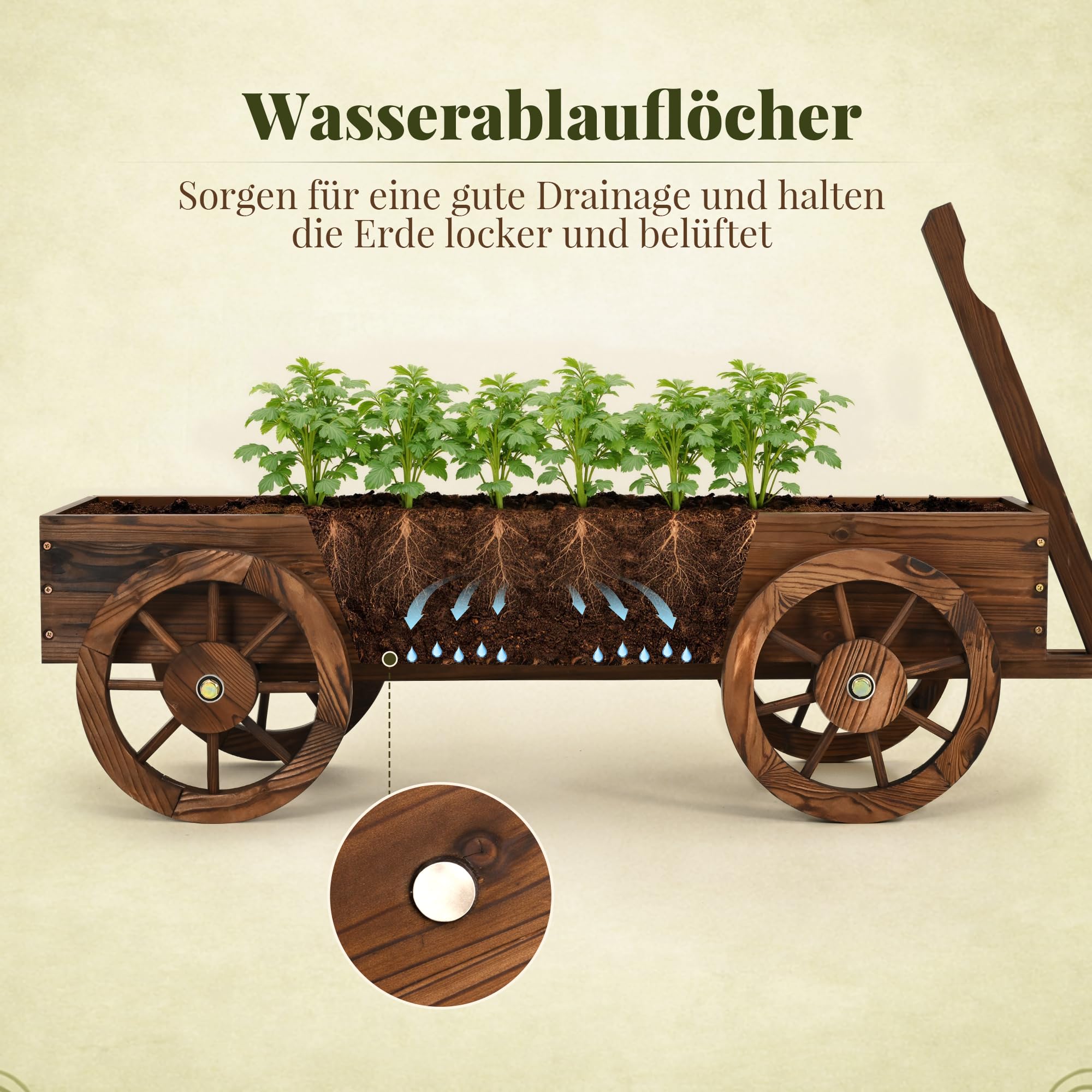 Pamapic Blumenwagen für Garten, Blumenkasten im Wagenstil mit Griff & Rädern, Pflanzkübel Holz für Gemüse, Blumen, Kräuter, Terrasse, Balkon, Innenbereich, Bollerwagen Holz, 158,5x54x41cm, Braun