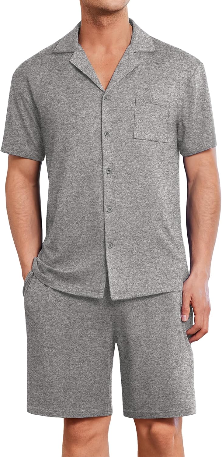 Ekouaer Mens Pajamas Set Short Sleeve Sleepwear Button Down Soft Loungewear 2 Piece Pj Shorts Sets with Pockets