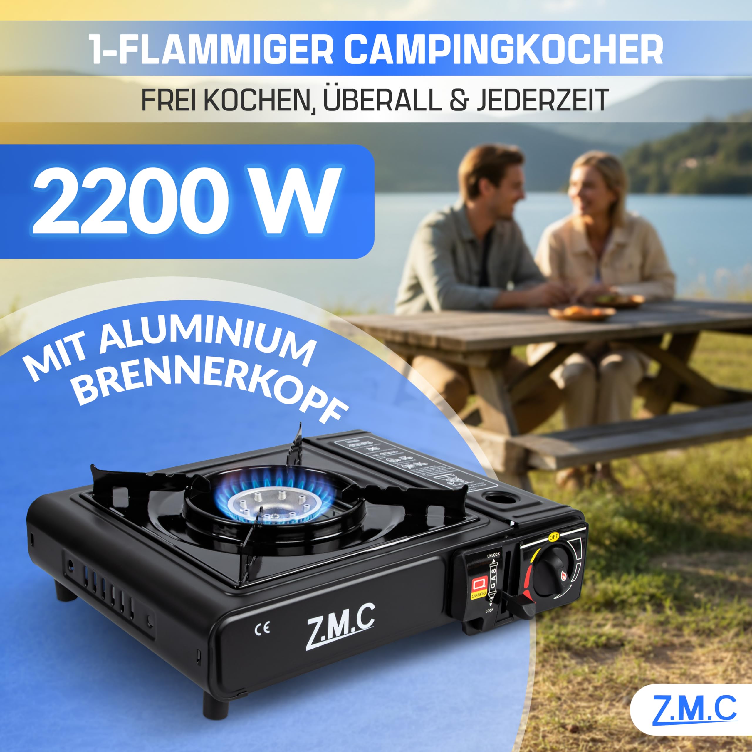 Z.M.C Gaskocher 1-flammig 2,2 kW | Campingkocher mit Piezo-Zündung, Transportkoffer & LPG-Adapter | Optional mit Gaskartuschen 227g & Grillplatte | für Camping, Outdoor & Notfall