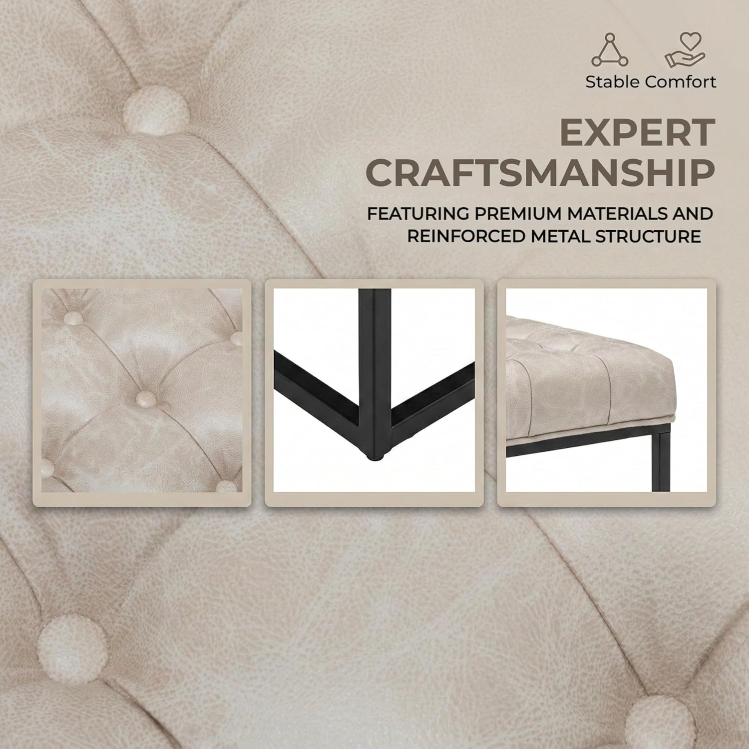 28" Square Ottoman, Faux Leahter Coffee Table for Living Room, Tufted Footrest with Metal Base, Mid Century Footstool for Couch, Small Vintage Ottoman for Apartment, Bedroom, Office, Ivory