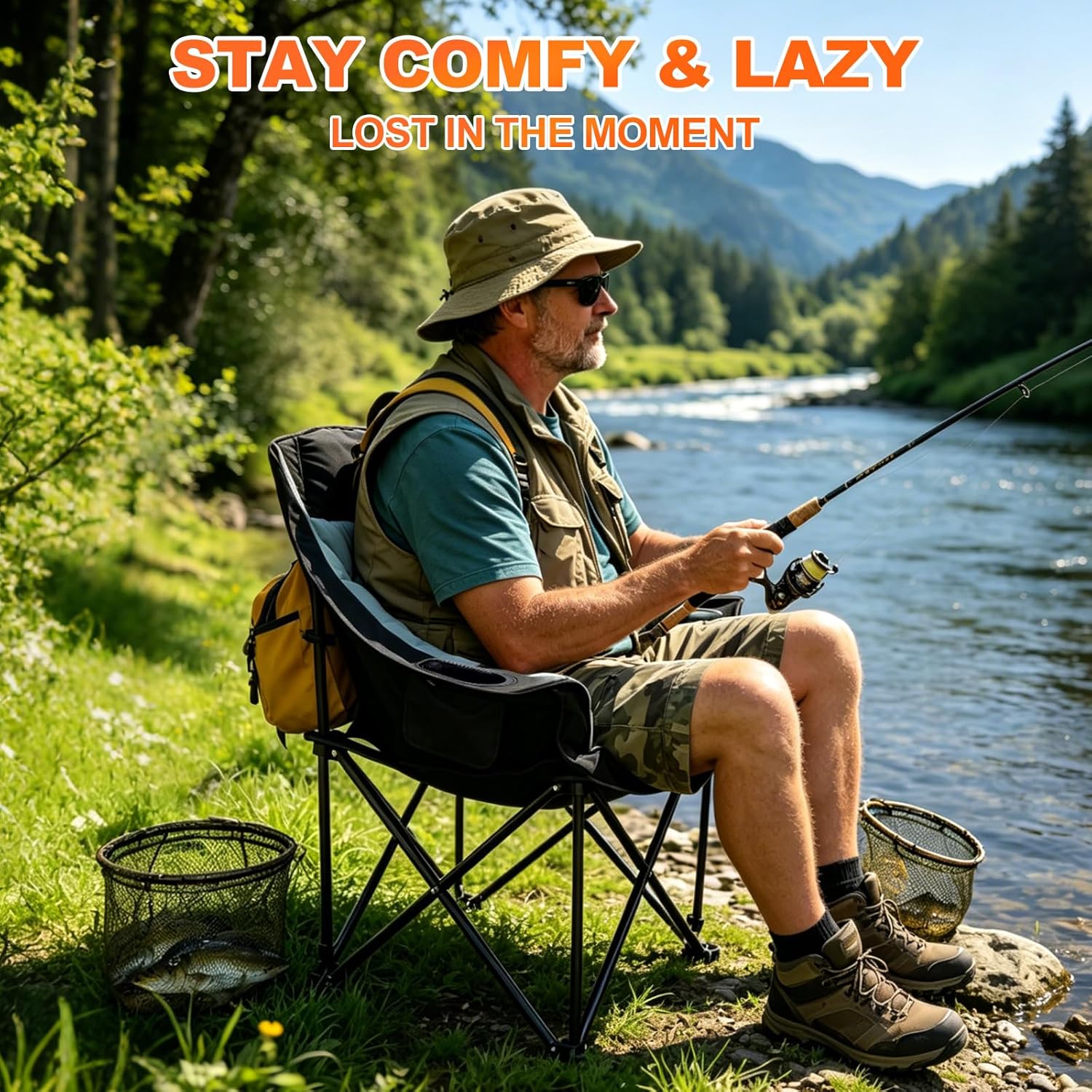 CypherX Oversized Camping Chairs for Adults - Heavy Duty Padded Outdoor Folding Lawn XL Camp Chair with Cup Holder Cooler Pockets for Outside Sports Beach Fishing Garden Portable Supports 500lbs