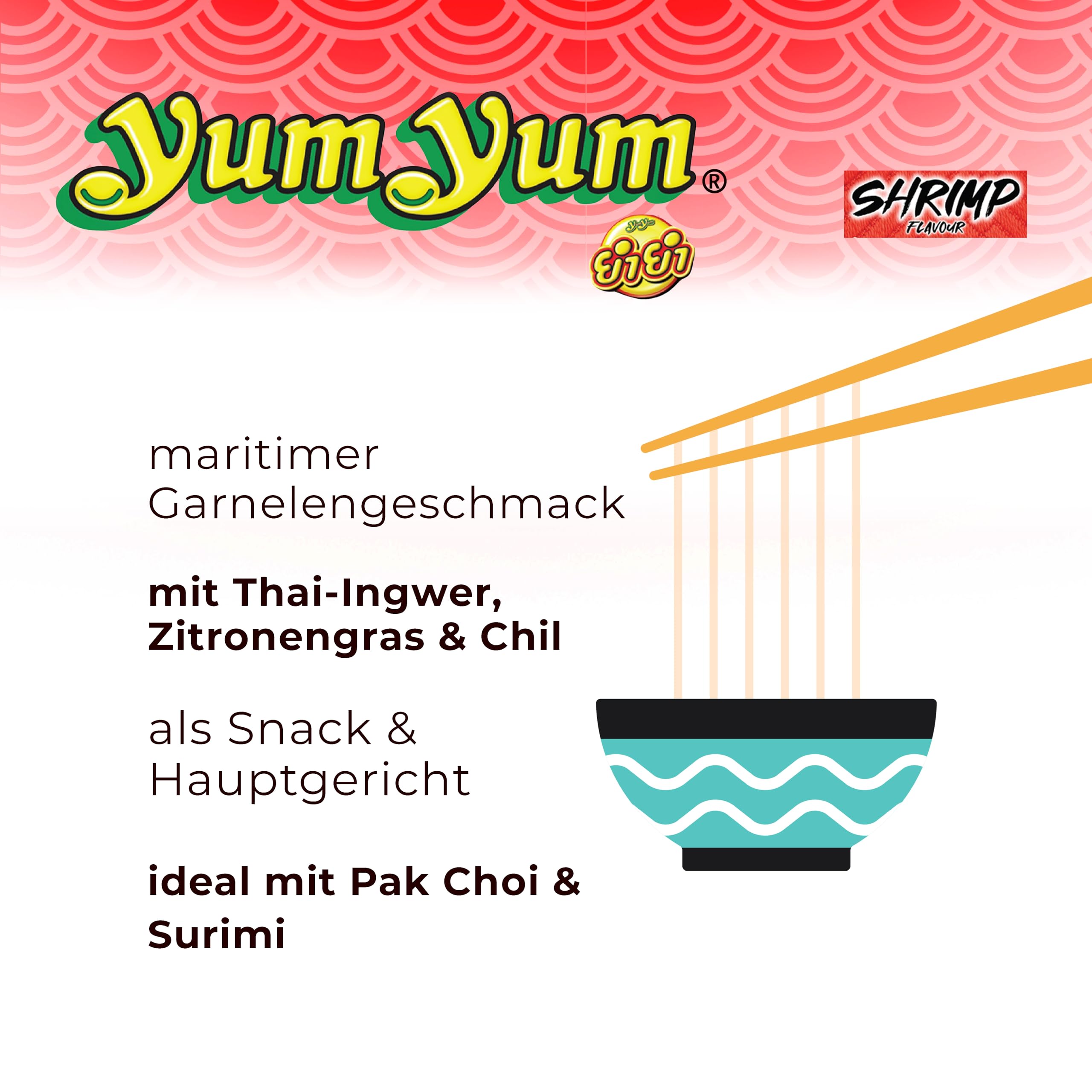 YumYum Shrimp Flavour 120x 60g Asiatische Instant Nudeln mit Garnelengeschmack, zubereitet in wenigen Minuten, ideal mit Zuckerschoten & Surimi, authentisch thailändisch, Herstellung in Thailand