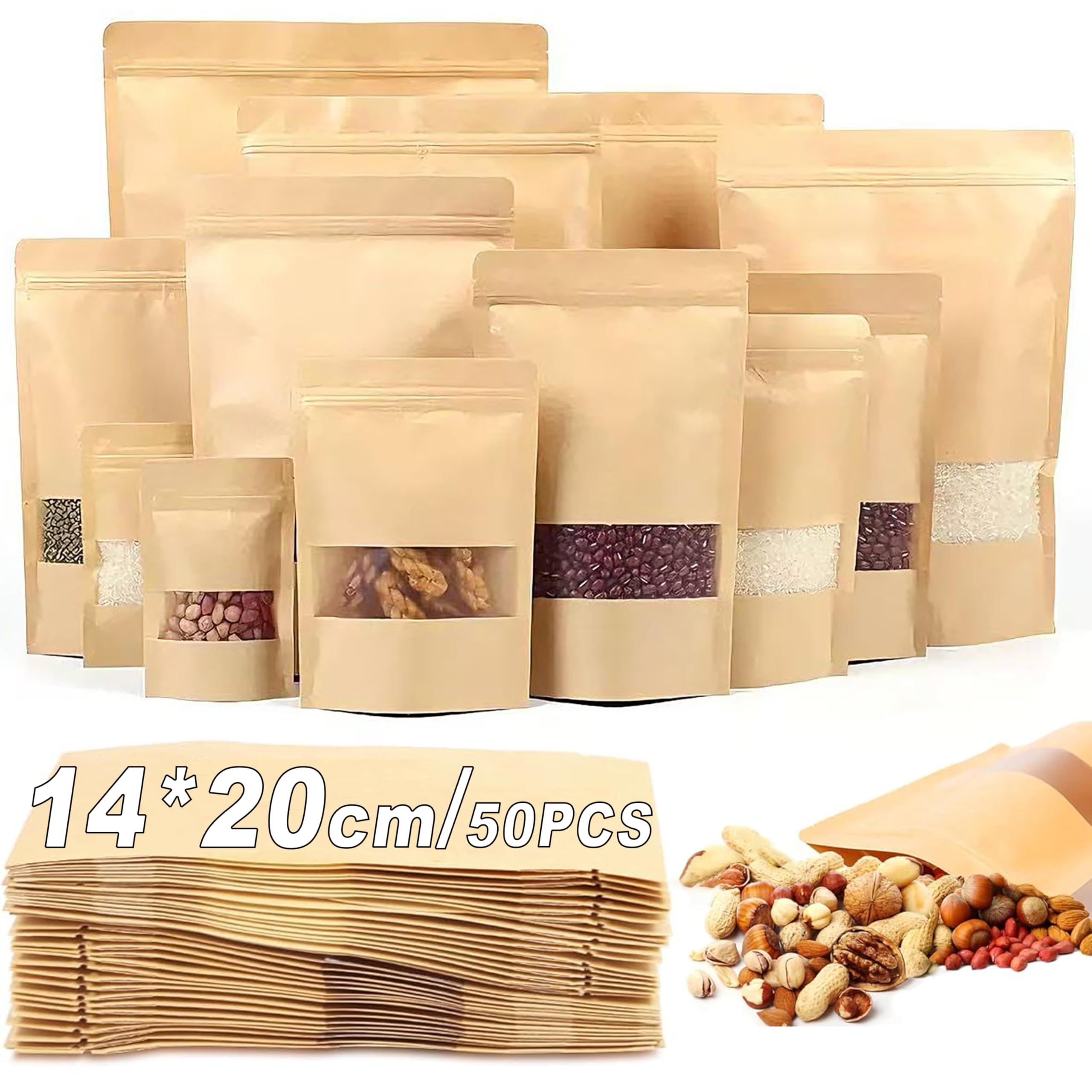 50pcs Kraft Paper Bags with Window 5.5 * 7.9in/14 * 20cm Resealable Ziplock Kraft Paper Bags Resealable Waterproof for Jam Coffee Beans Tea Tea Spices Food Storage