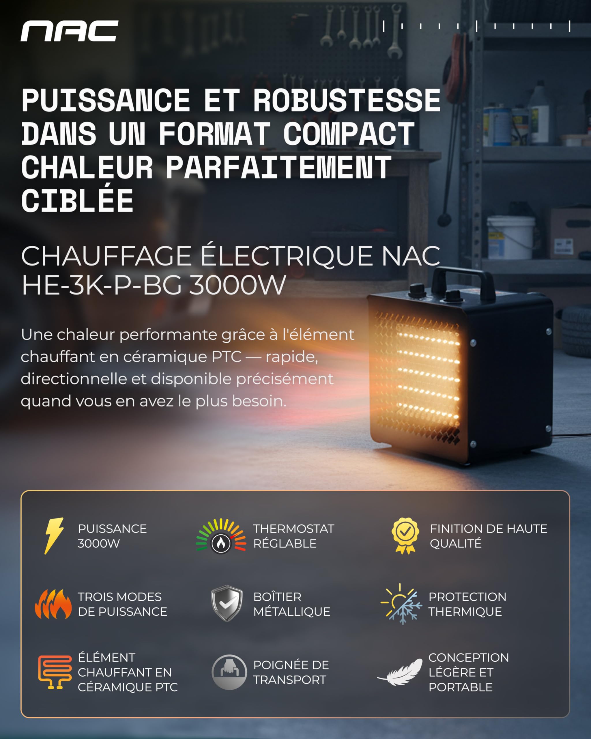 NAC Chauffage Soufflant Electrique 3000W - Radiateur Electrique Mobile avec Thermostat & 3 Niveaux de Chaleur – Chauffage Industriel Céramique pour Garage Atelier Chantier Serre - Canon Air Chaud