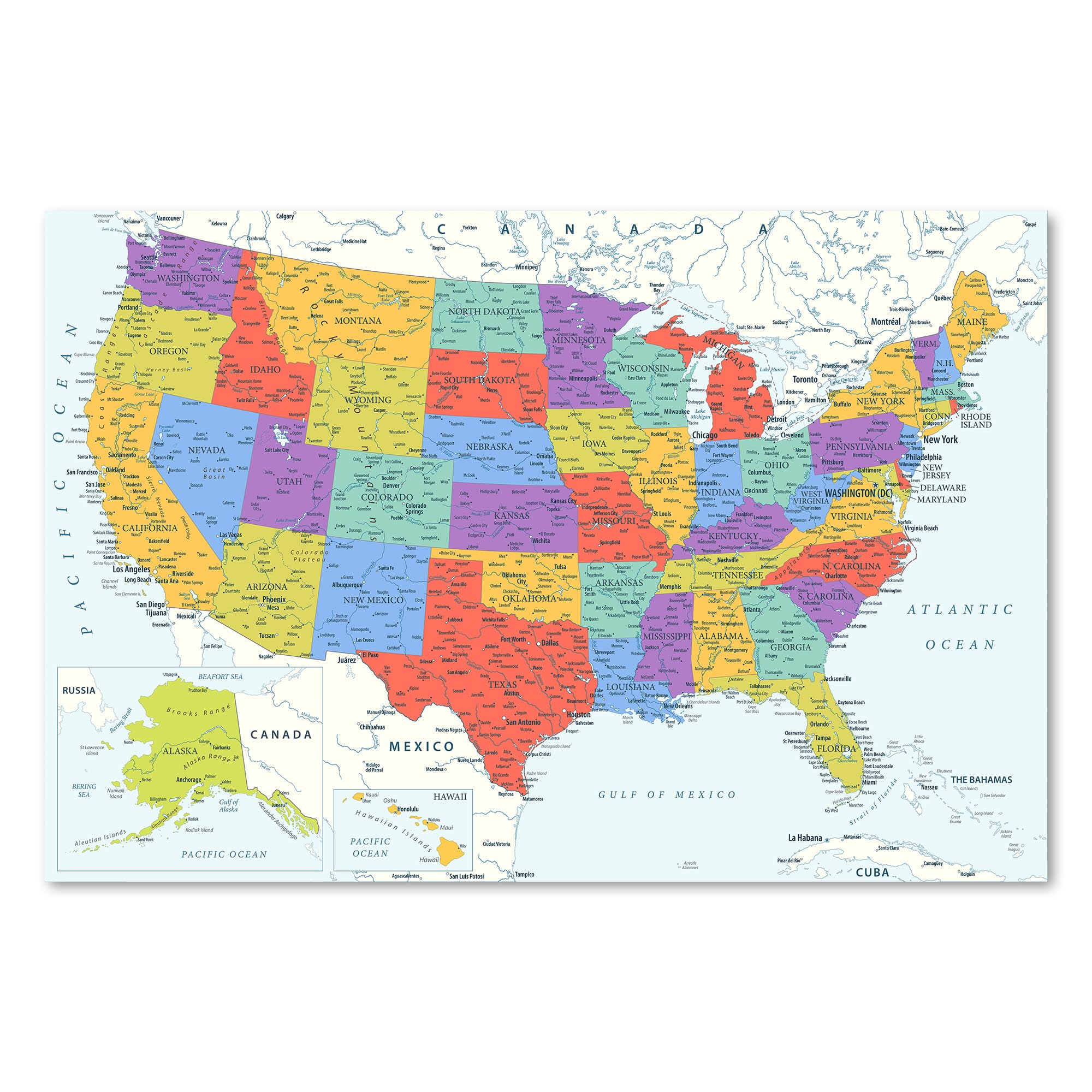 Postereck - 4085 - USA Map: States, Cities & Water Bodies – Educational Wall Art Print, Classroom Decor - 24 x 16 in