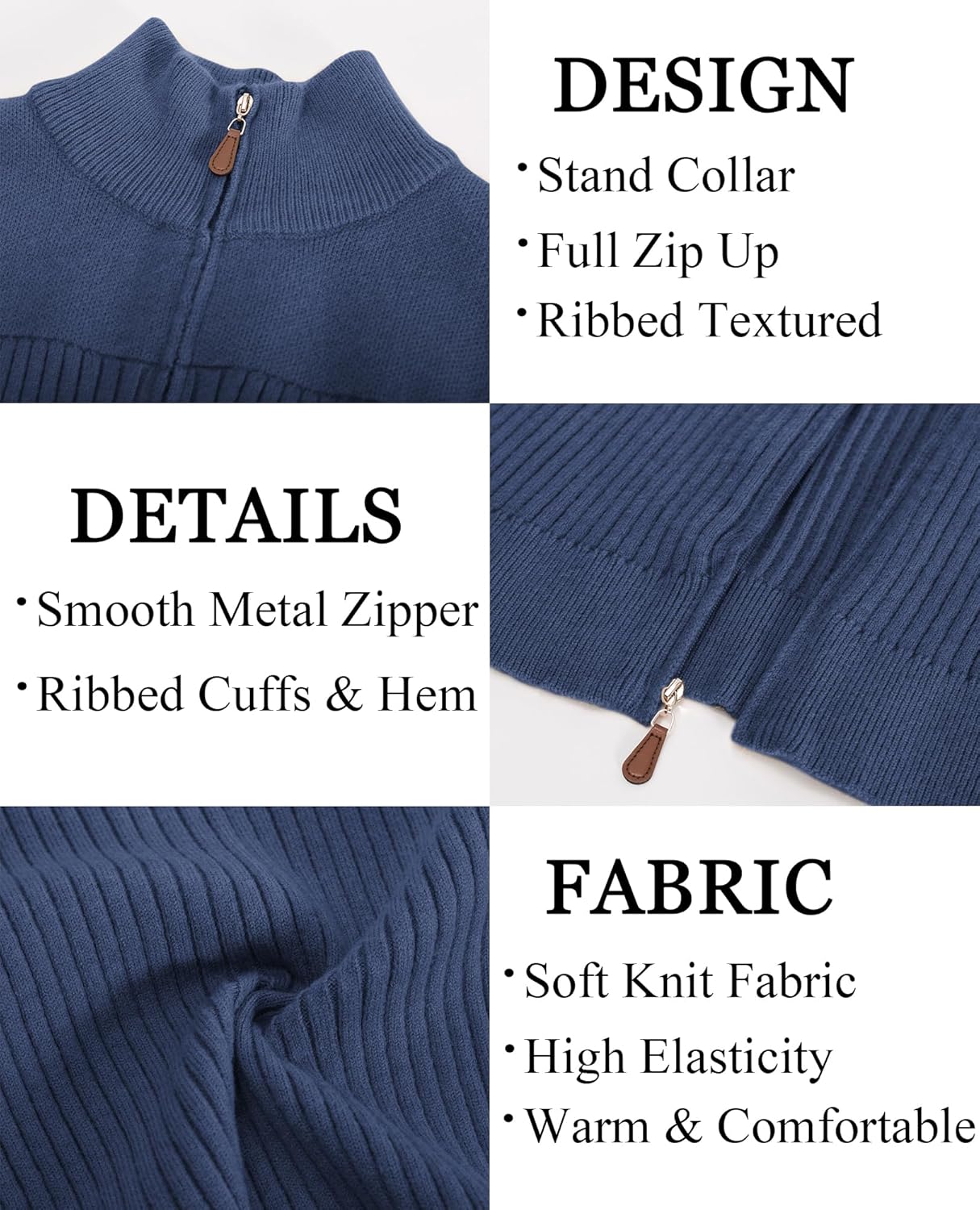 PJ PAUL JONES Men's Full Zipper Cardigan Casual Stand Collar Cardigan Sweater Ribbed Knit Long Sleeve Sweater - Image 5