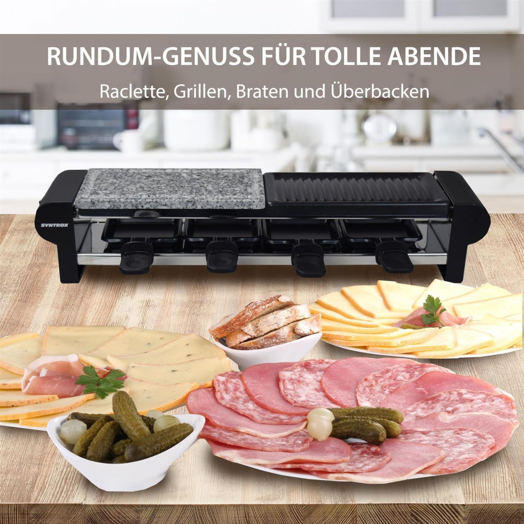 Syntrox Germany Raclette-Grill Thurga, Raclette Set für vier Personen, Antihaftbeschichtung für einfache Reinigung, Geteilte Platte mit heißem Stein und Grillplatte