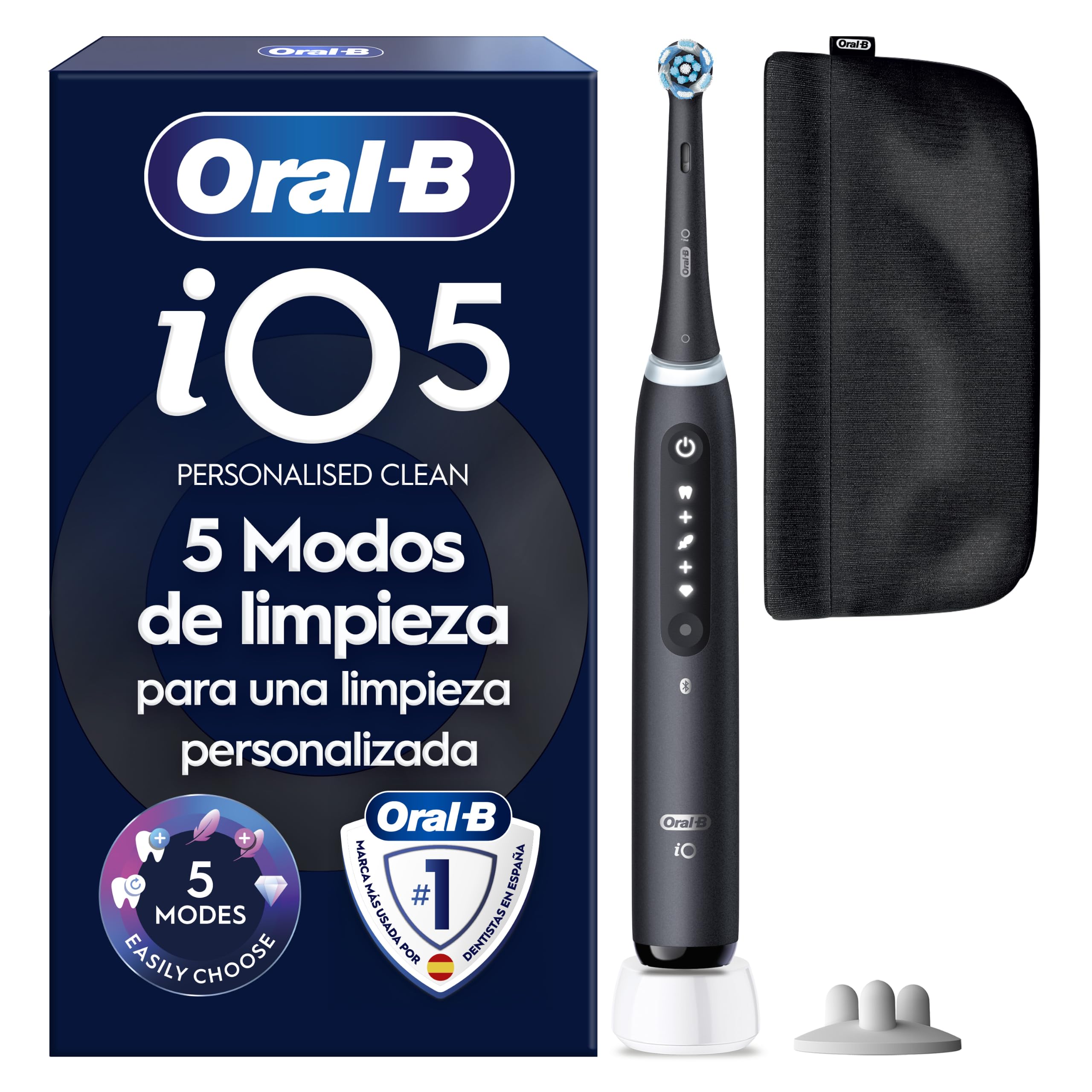 Oral-B iO 5 Cepillo de Dientes Eléctrico con 1 Cabezal, Negro - Cepillo Dental con 5 Modos de Cepillado, Sensor de Presión y Temporizador, /Funda Magnética y Soporte de Recambios