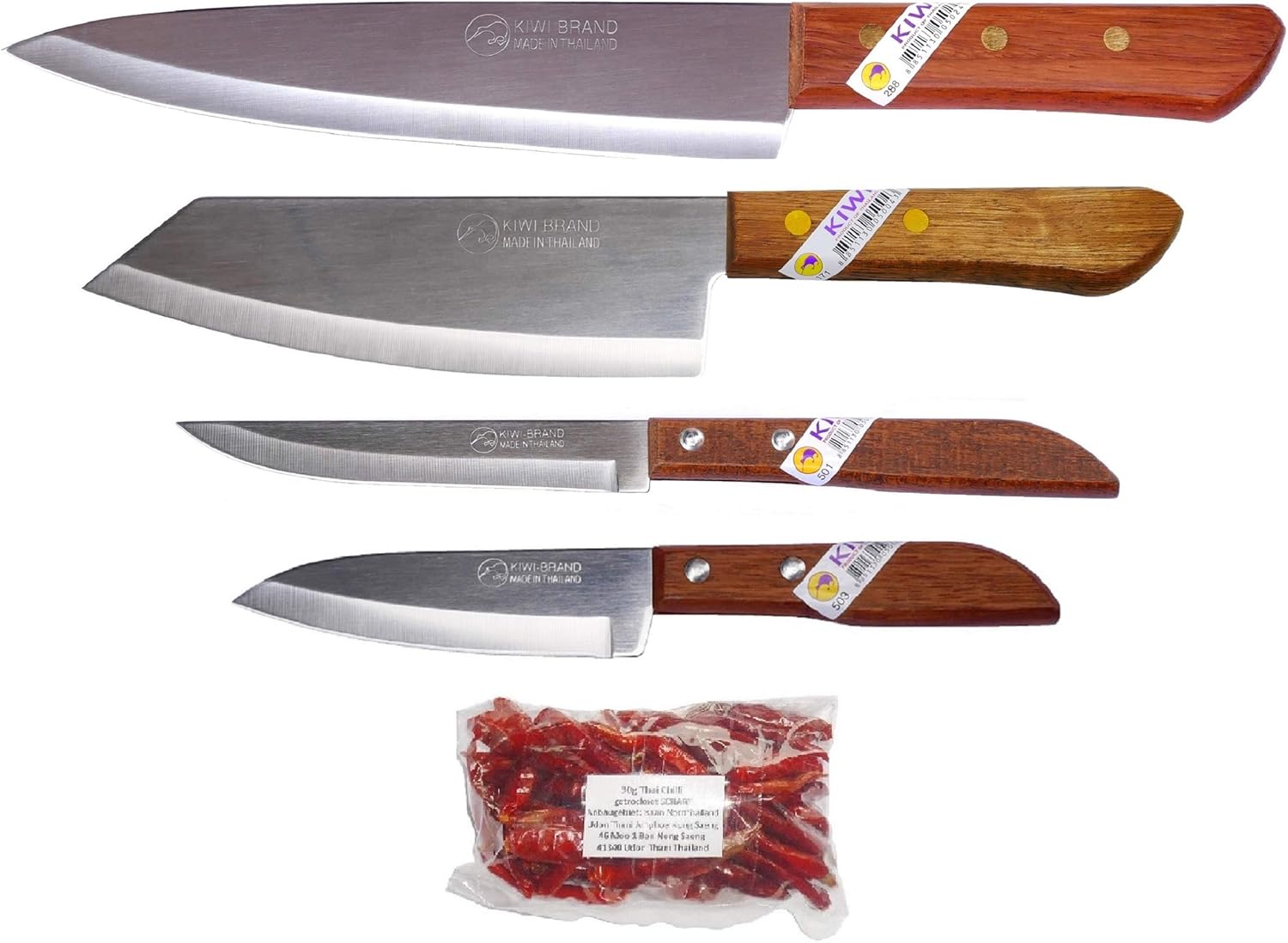 4 x thai cooking knife Kiwi # 288 171 501 503 + 30g thai chilli hot from Ban Nong Saeng North Thailand