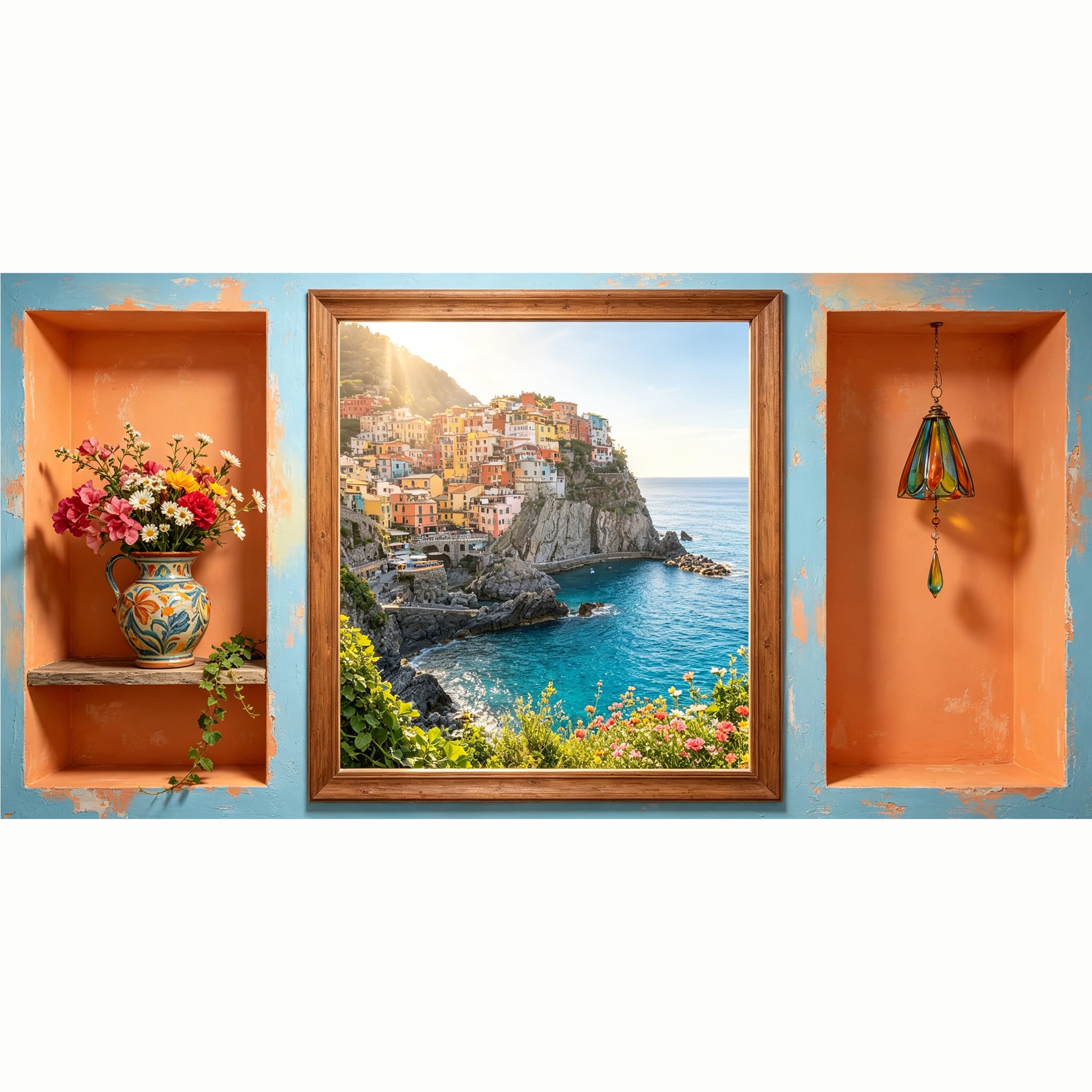 QZLITHOTIC 50x100cm 3D Framed Wall Art， Coastal Italian Village Landscape 3D Trompe l'oeil Window Self‑Adhesive Mural， Water‑Activated Peel & Stick Fabric Decor Wall Decal for Bedroom Living Room