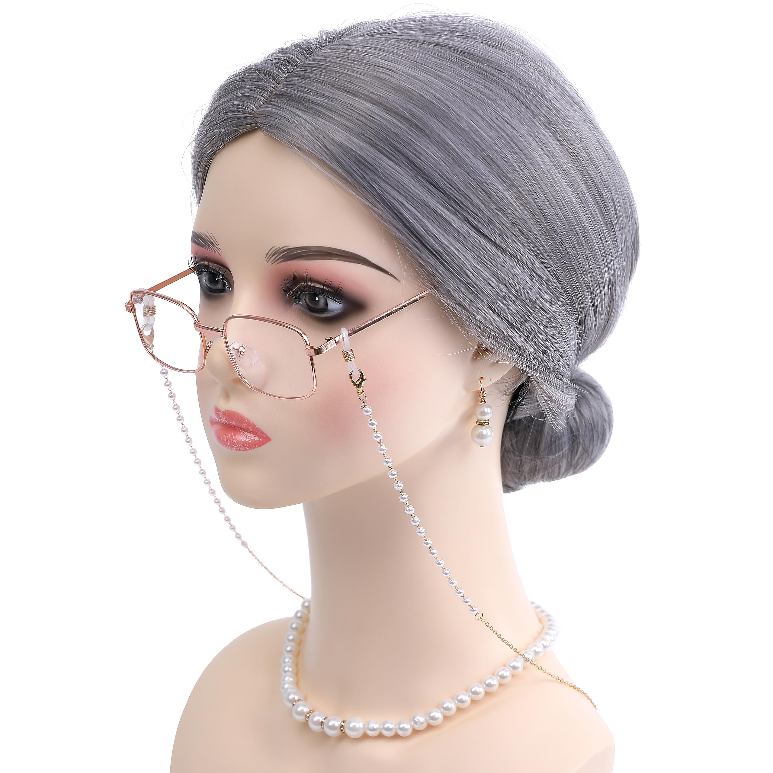 morvally Old Lady Costume Wig with Bun for Women Girls 8pcs Set Grey Grandma Granny Cosplay Wigs for Halloween Party