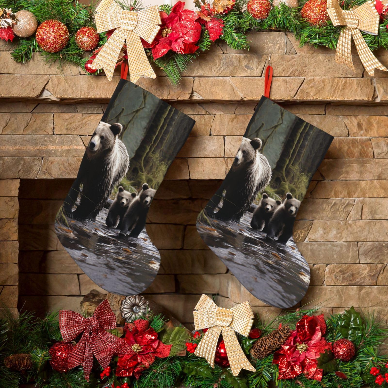 Fodpand Boys Black Mother Bear And Her Cubs Christmas Stockings Hanging Ornaments For Holiday Decor, 18 Inches Velvet Fireplace Hanging Xmas Stocking, Candy Gift Bags For Christmas Decorations