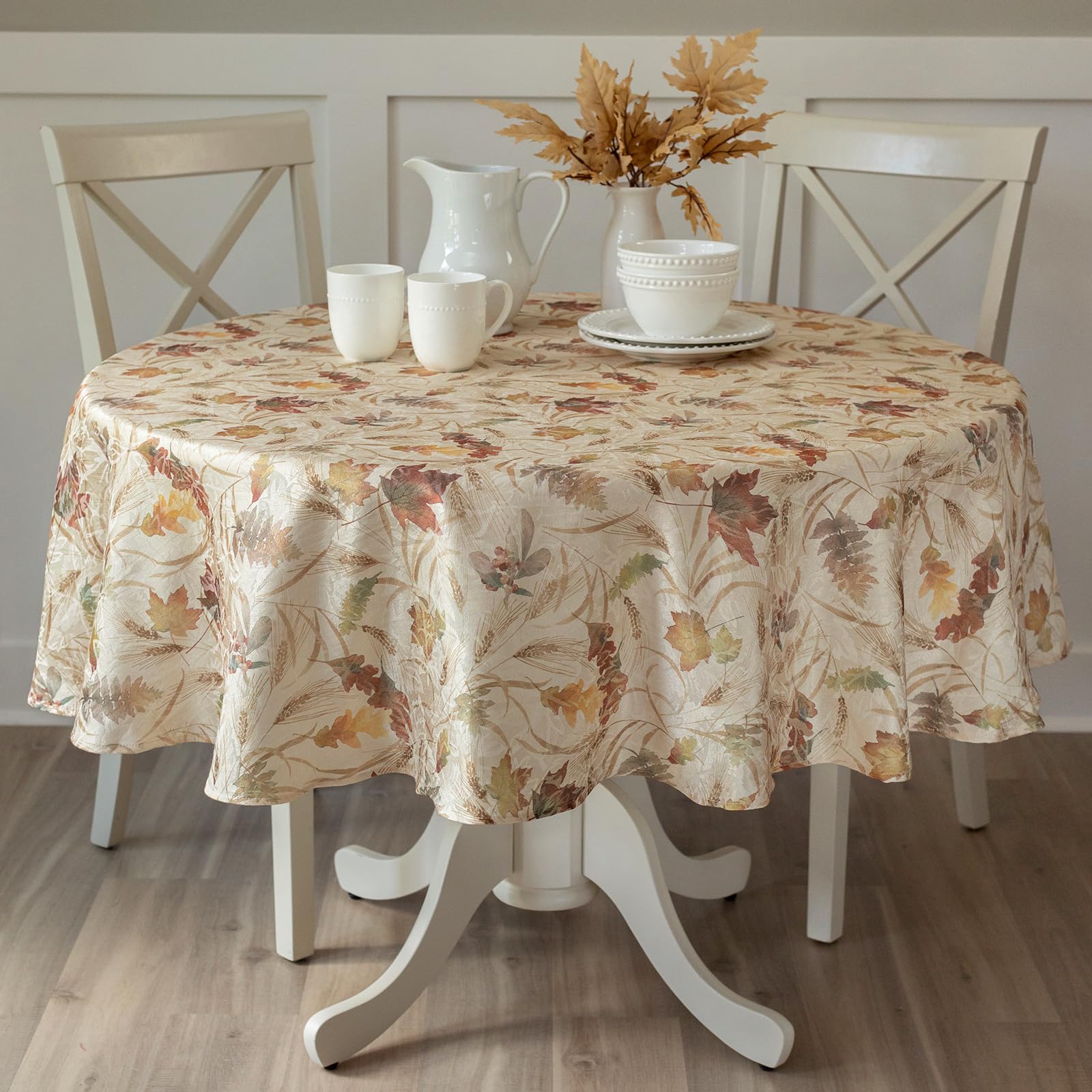 Benson Mills Autumn Jacquard Printed Fabric Tablecloth for Fall, Harvest, and Thanksgiving Table Cloth (Natures Leaves, 70" Round)
