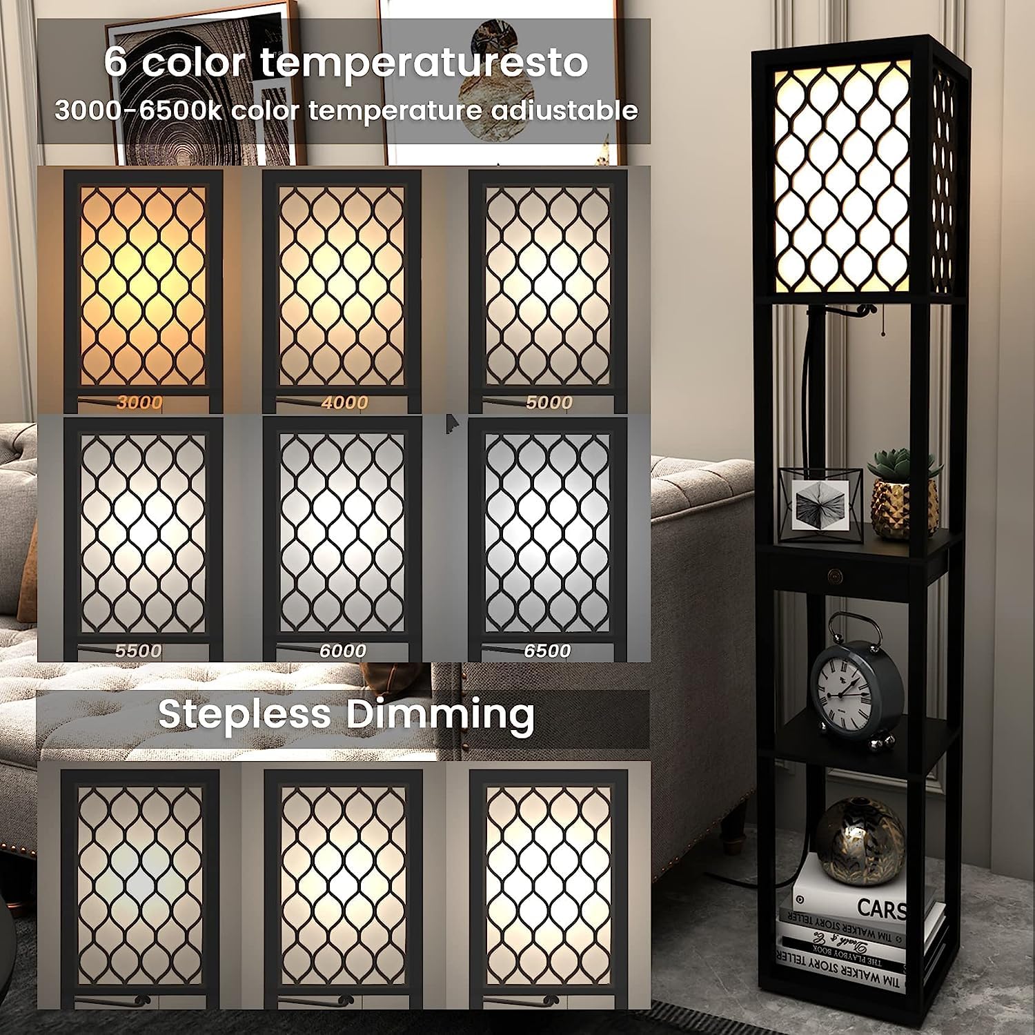 Lampada Terra Lampada Da Terra Woode Con Mensole E Cassetto Portaoggetti Paralume In Tessuto Luce Per Soggiorno Camera Letto Per Soggiorno