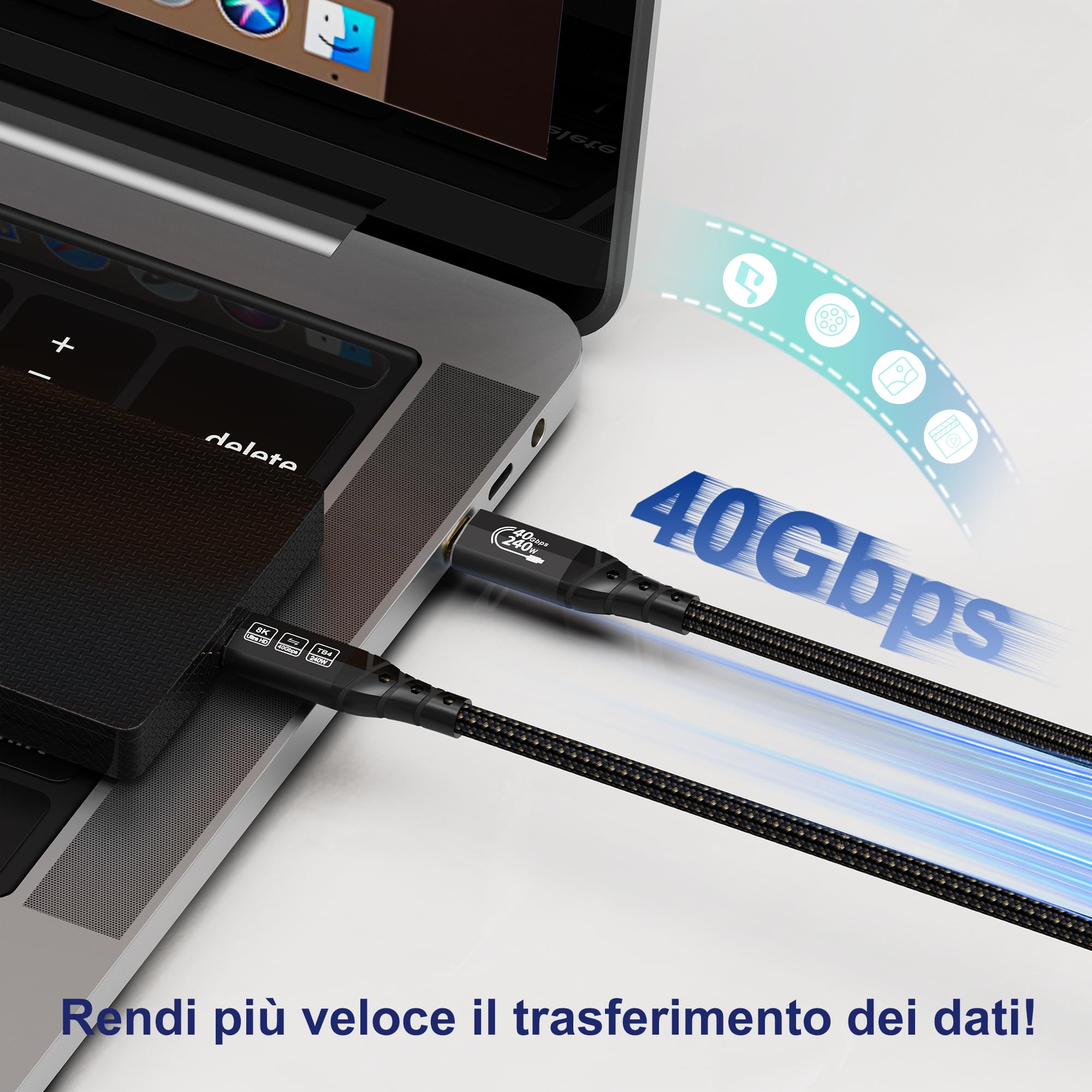 ZIKNYDO Cavo USB 4 per Thunderbolt 4 cavo 0,5 m, cavo dati USB C 40Gbps, video 8K/4K, PD3.1 240W, USBC Thunderbolt per Thunderbolt 5/3, Serie iPhone 16, SSD, MacBook, docking station, eGPU