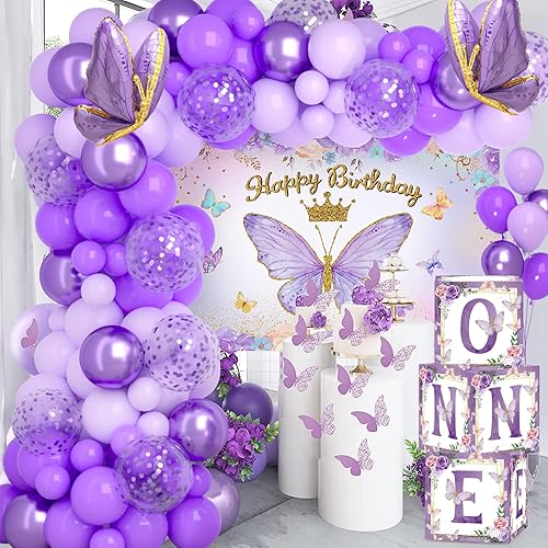 Miniatura 10 de Kit de arco de globos rosa con globos de mariposa de aluminio, telón de fondo de feliz cumpleaños y decoraciones de mantel para fiesta de niña - 106