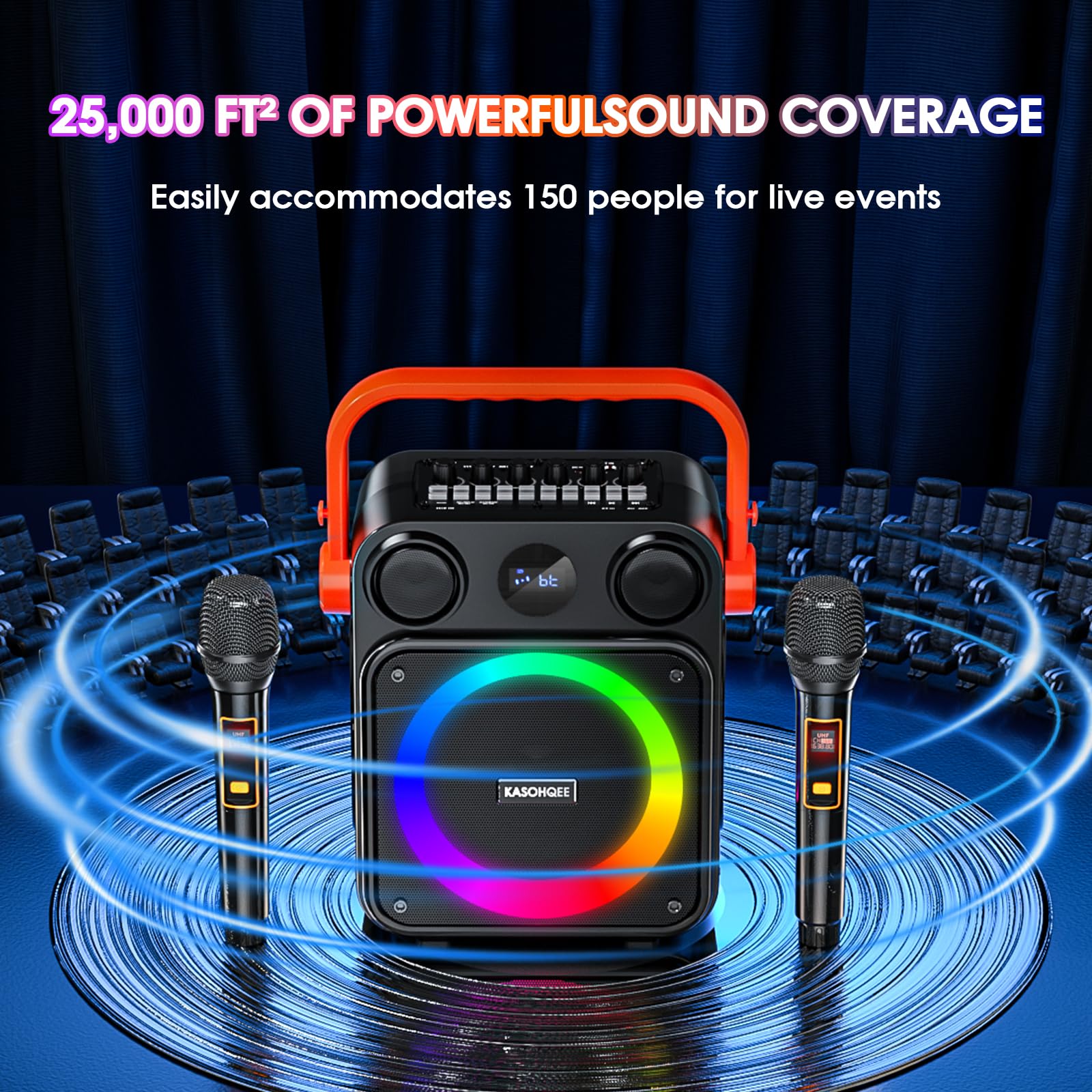 Karaoke-Maschine für Erwachsene, tragbarer Bluetooth-Karaoke-Lautsprecher mit zwei kabellosen Mikrofonen, 3,7-V-Lautsprecher, unterstützt TWS, TF-Karte/USB, AUX-Eingang, REC, Bass und Höhen für