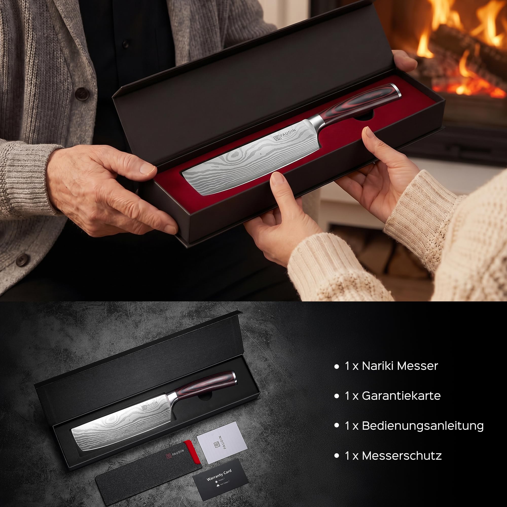 PAUDIN Japanisches Messer, Klingenlänge 17 cm Nariki Messer Hackmesser Kochmesser aus hochwertigem Edelstahl, asiatisches Mehrzweck Küchenmesser für Haus und Küche mit ergonomischem Griff
