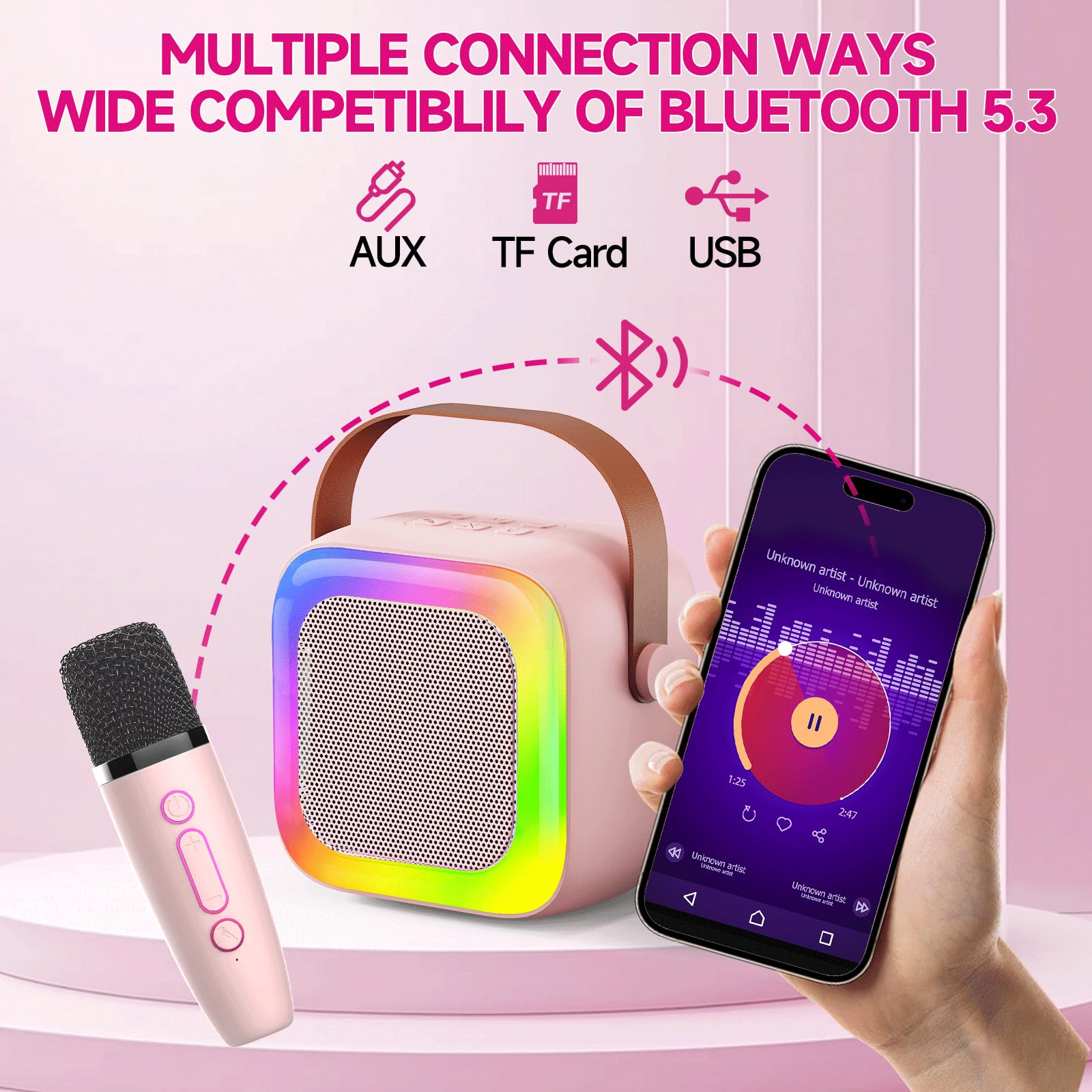 Altavoz inalámbrico para máquina de karaoke, mini karaoke para niños de 3 a 5 años, niñas y niños con micrófono integrado para cantar, máquina de karaoke para niños, micrófono pequeño y 4