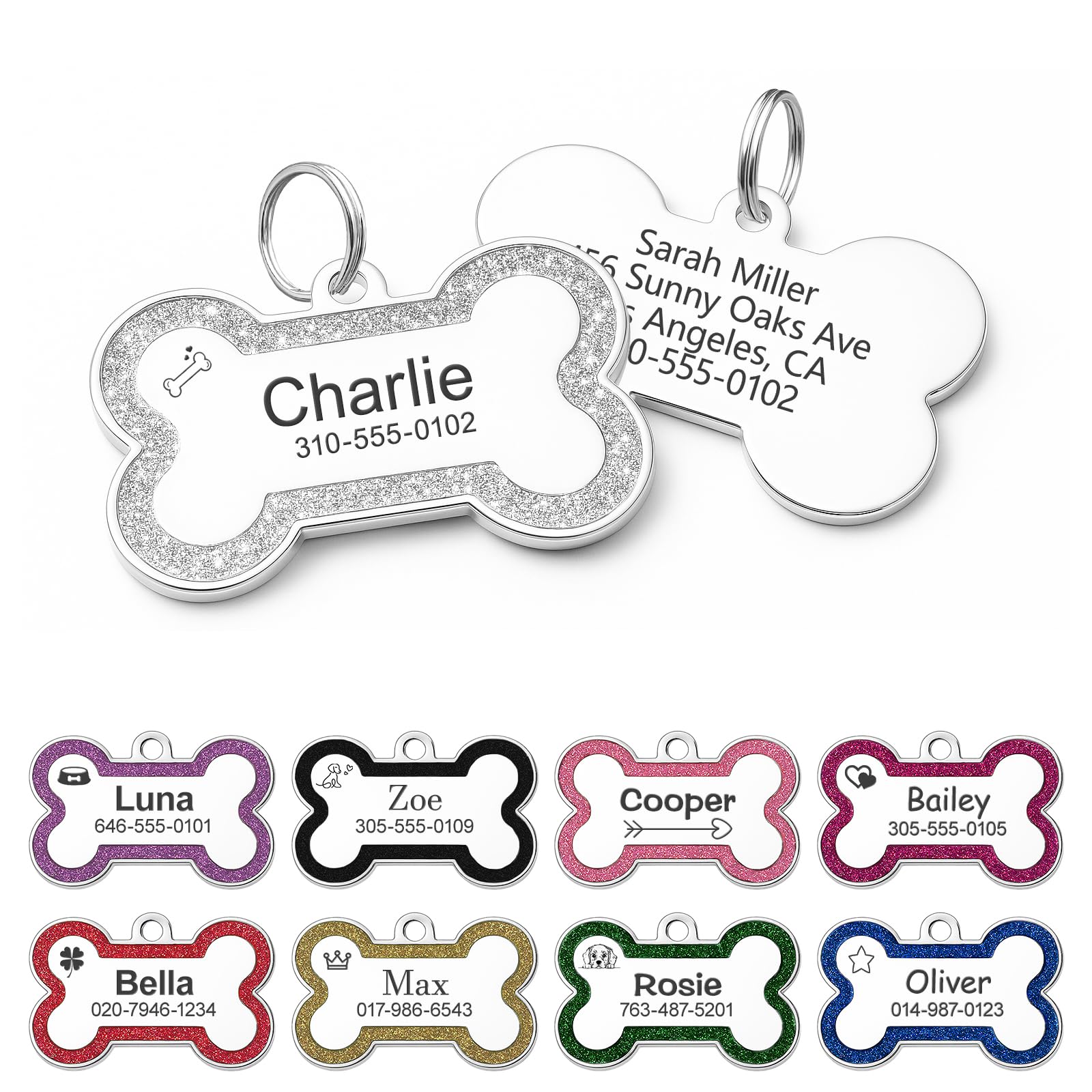 Dog Tags for Pets Engraved UK, Personalised Dog Tag with Any Name & Text, Stainless Steel Glitter Dog Name Tag, ID Tags for Dogs, Pet Tag for Puppy Pet Dogs (White L)