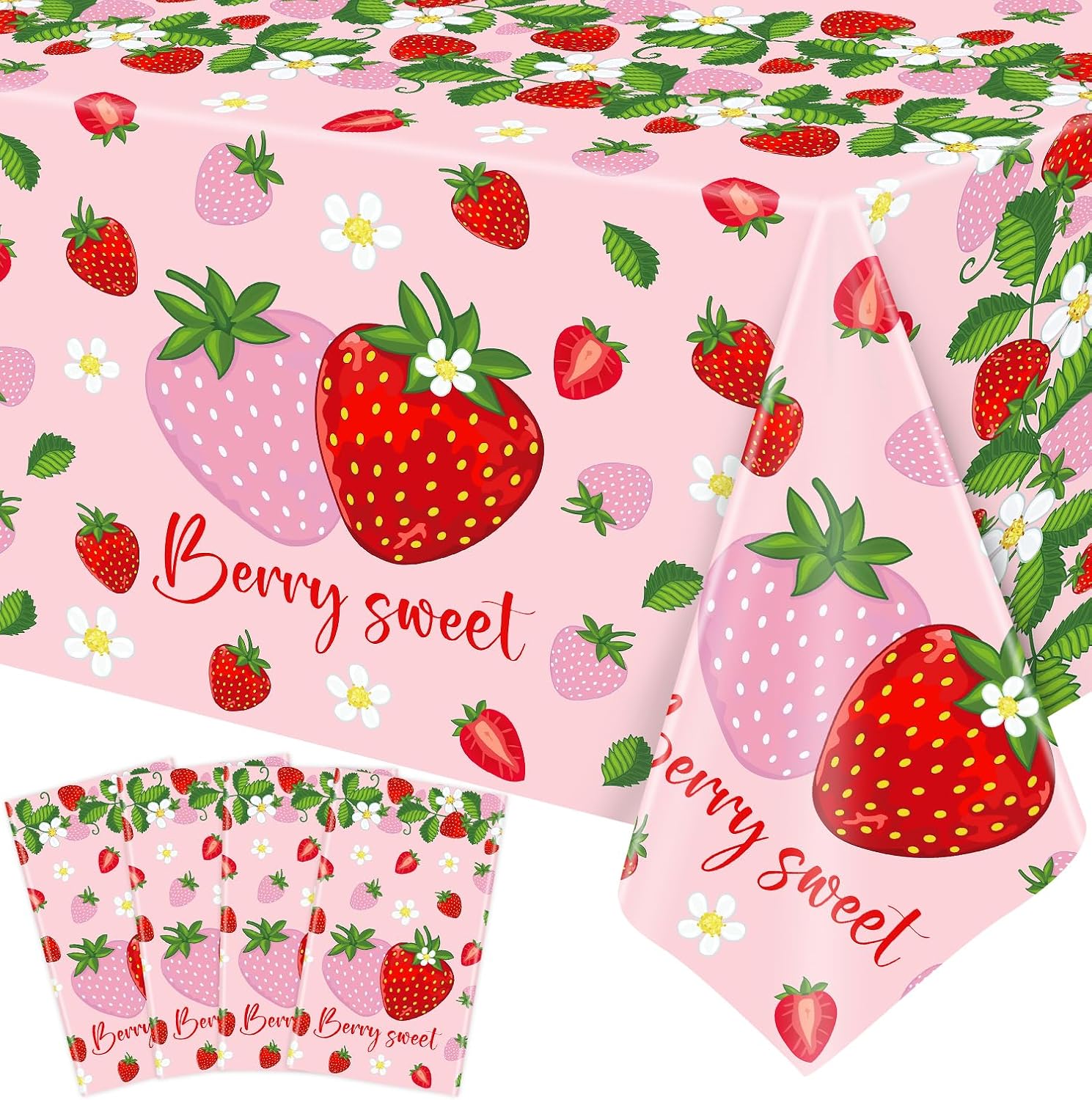 YJZCP 4 Pack Strawberry Tablecloth Berry Sweet One Disposable Table Cloth Pink Strawberry Birthday Party Decorations Fruit Theme Party Table Covers for Girls Berry Party Baby Shower Supplies 51X86IN
