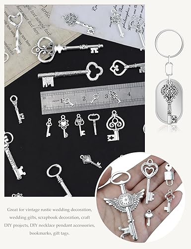 Miniatura 4 de JIALEEY Encantos de llaves de esqueleto de plata, 80 unidades al por mayor a granel lotes mezclados castillo antiguo mazmorra pirata filigrana
