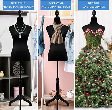Female Mannequin Body with Wooden Tripod Stand, 50-63 Inch, Portable and Adjustable Dress Form for Sewing, Clothing Display, Photographing, Black