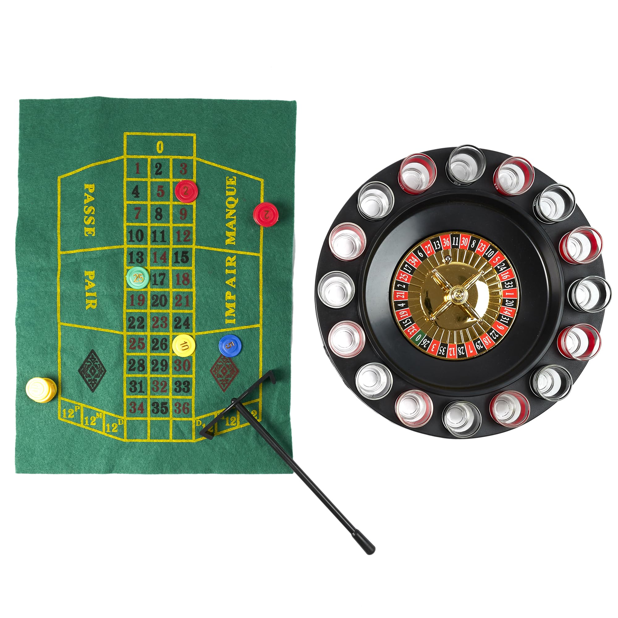 MISTER GADGET - MG3374 Jeu à Boire Roulette - Ensemble Casino avec 16 Verres à Shots, Tapis de Jeu, 60 Jetons, 2 Billes - 30.5 x 6.5 x 30.5 cm - Noir, Rouge, Vert, Blanc
