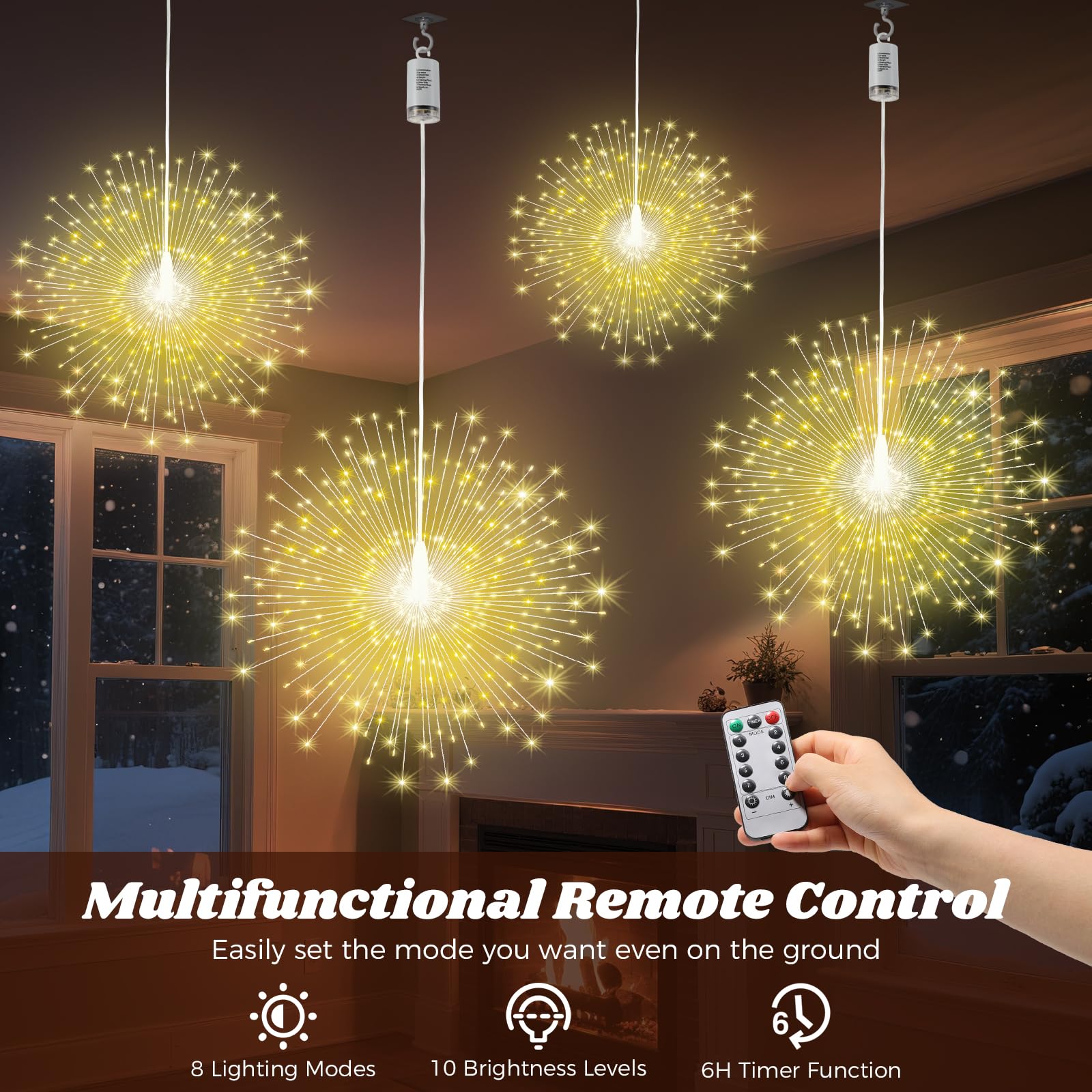 Lewondr Luci Fuochi D'Artificio Natalizi, 4PCS Luce Appendibili Fate Con Telecomando, 200 Luci LED, 8 Modalità, Luce A Stringa Stelle Impermeabili Per Interni Esterni Decorazione, Bianco Caldo