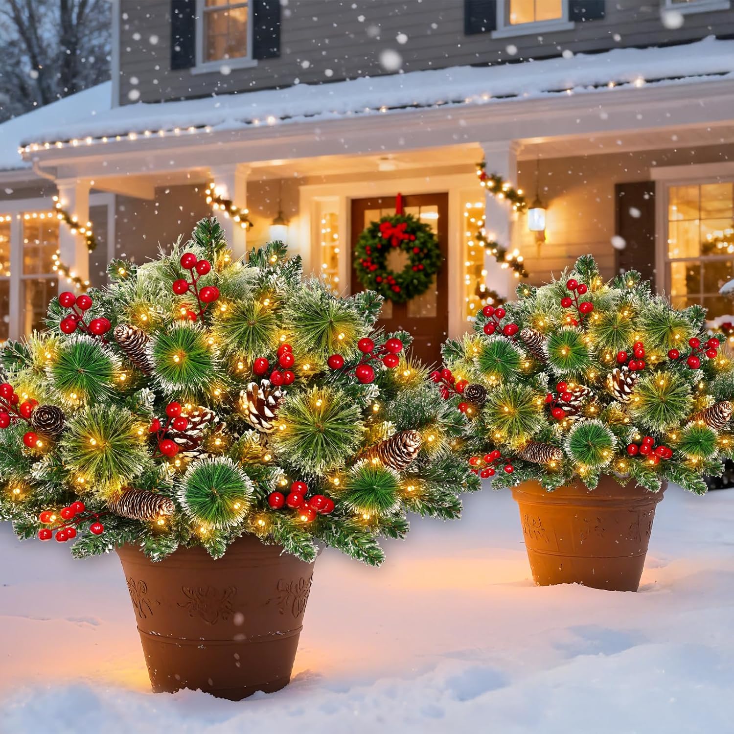Timer Dual Color Change 2 Pack Outdoor Christmas Tree Urn Fillers 23 Inch Artificial Snowy Xmas Tree Pinecone Red Berries Tripod Stake Warm White & Colorful Light Battery Operated 8 Mode Porch Decor