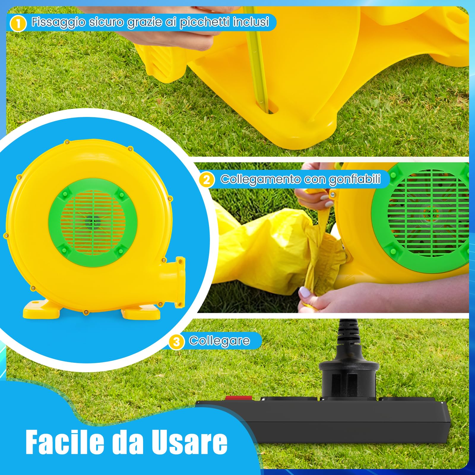 COSTWAY Ventilatore di Aria del Castello Gonfiabile, Soffiatore per Giochi Gonfiabili con Cavo di Alimentazione, Picchetti da Terreno, per Castello Gonfiabile, Scivolo Acquatico 450W