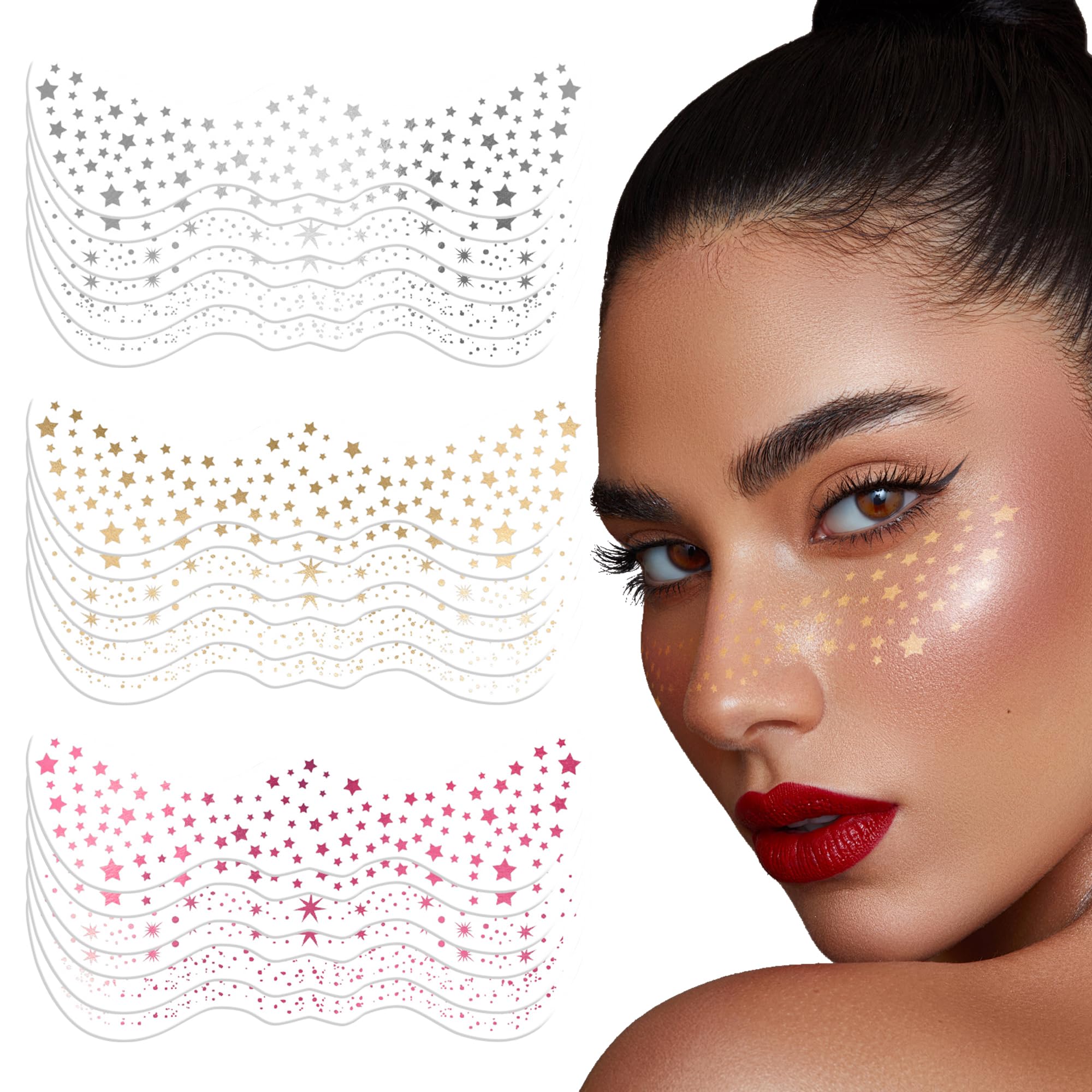 Glitter Freckles Face Tattoo - 18 adesivi scintillanti per feste, tatuaggi temporanei, glitter dorati, impermeabili (argento, oro, rosa)