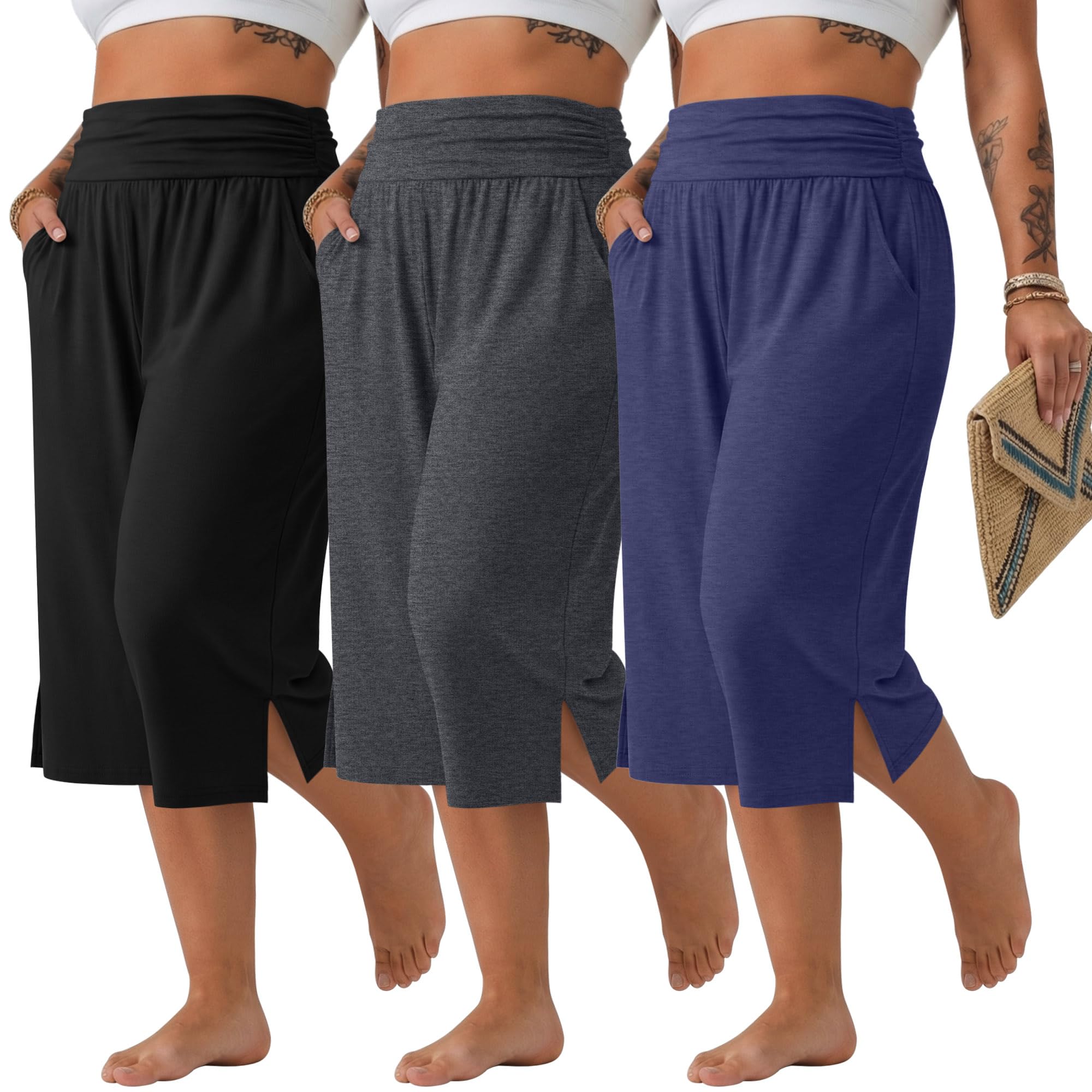 Neer Lot de 3 pantalons capri en coton taille haute pour femme avec poches