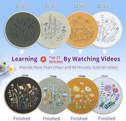 Miniatura 10 de Juego de 4 juegos de bordado para principiantes, kits de plantas para adultos aprenden 33 puntadas diferentes, incluye patrón estampado,