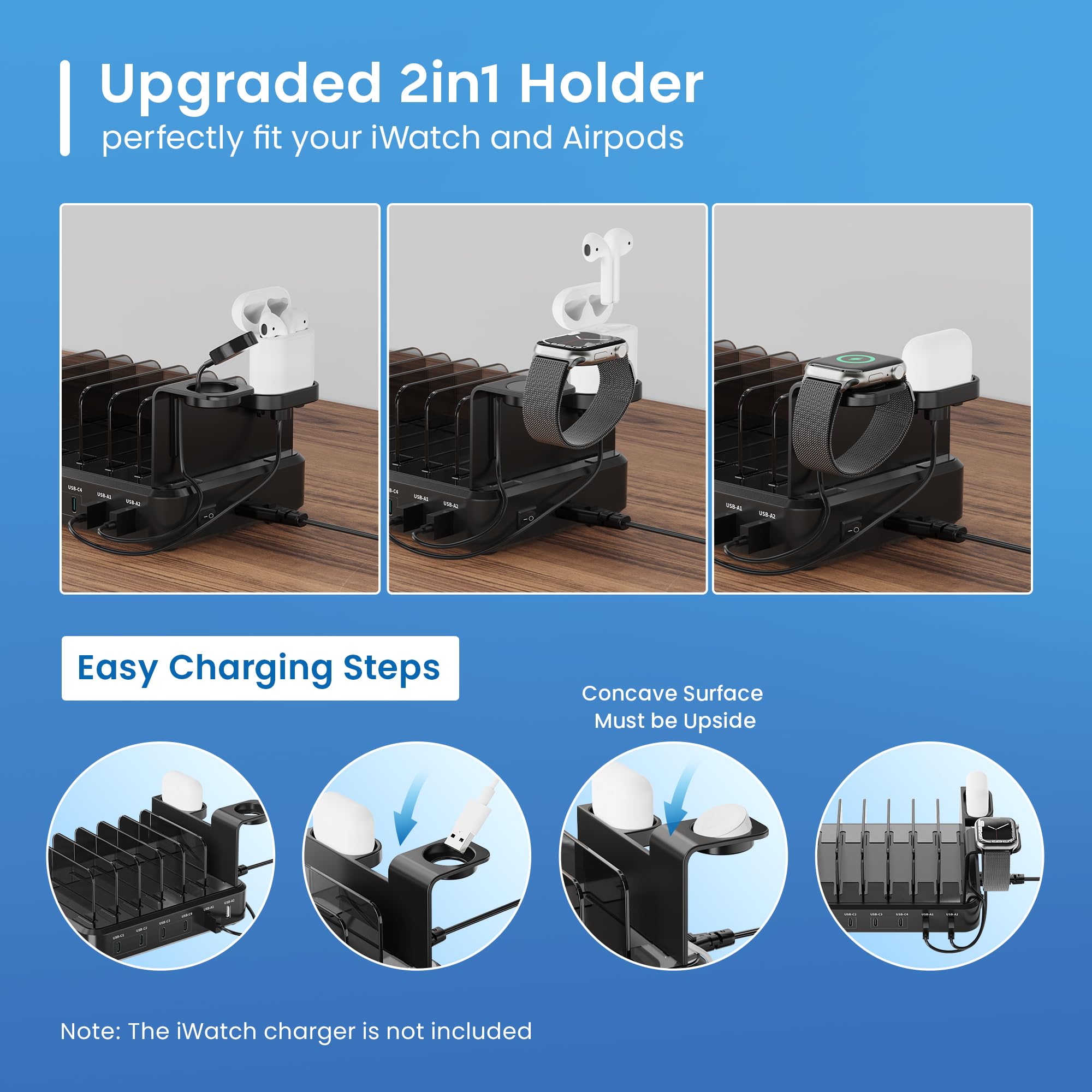 Ewent Estación de Carga Universal con 6 Puertos USB (4xUSB-C 65W + 2xUSB-A), Enchufe Europlug 130 W, con Soporte para SmartWatch y Auriculares, para Smartphone/Tablet/Portátil, Carga Rápida PD3.0/QC3.