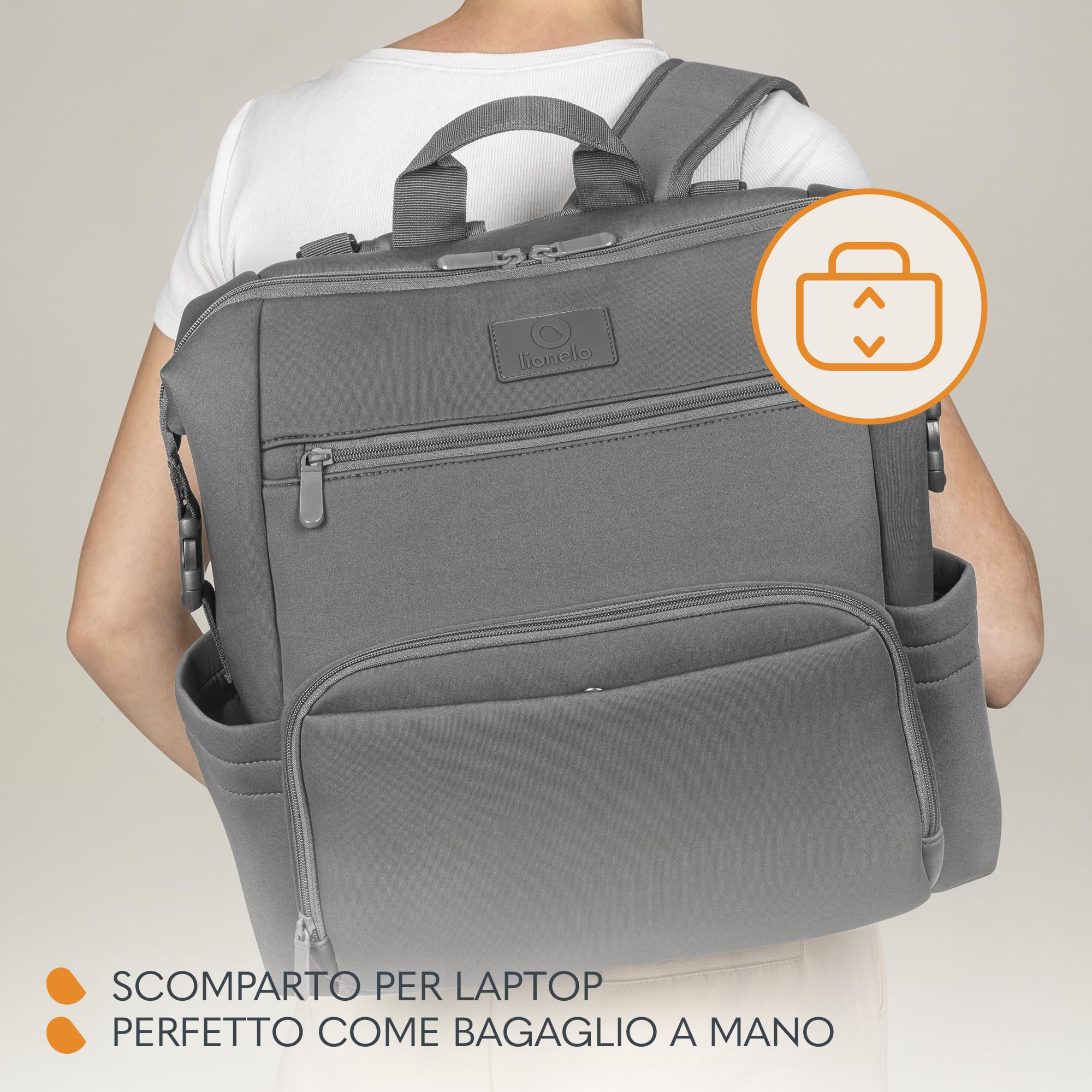 lionelo Cube zaino da città, leggero per passeggiate e viaggi con bambino, multifuntzione 12 tasche, Resistente, Impermeabile, Tasca termica, Agganciabile al passeggino, Fasciatoio, 36x36x23cm